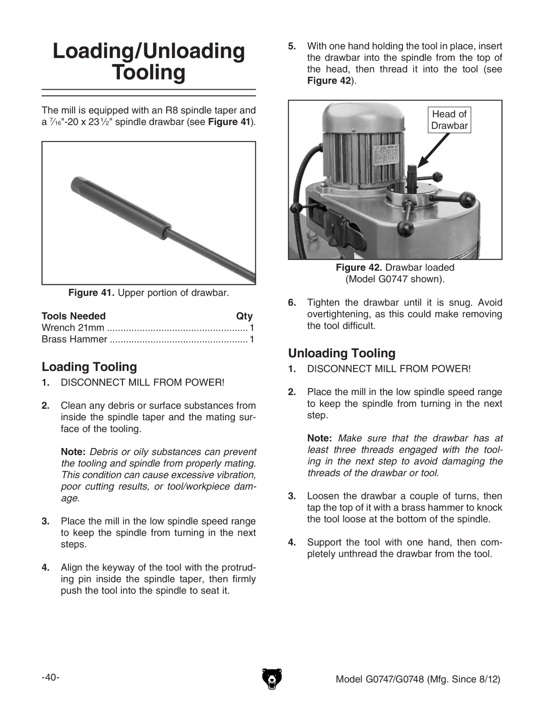 Grizzly g0747, g0748 owner manual Loading/Unloading Tooling, Loading Tooling, Tools Needed Qty 