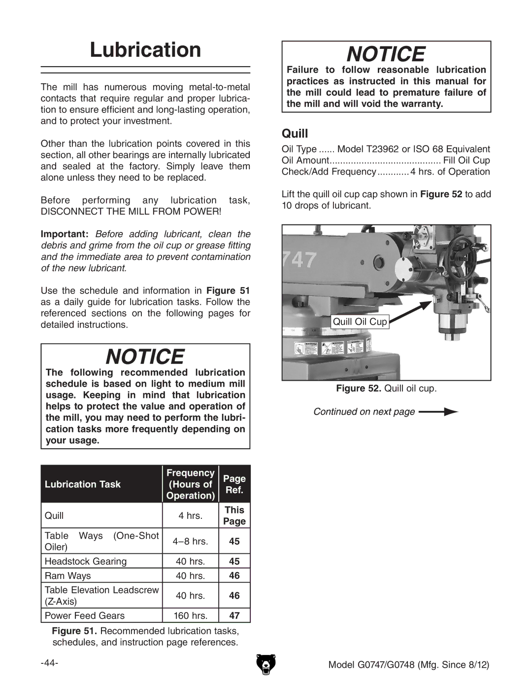 Grizzly g0747, g0748 owner manual Lubrication, Quill 