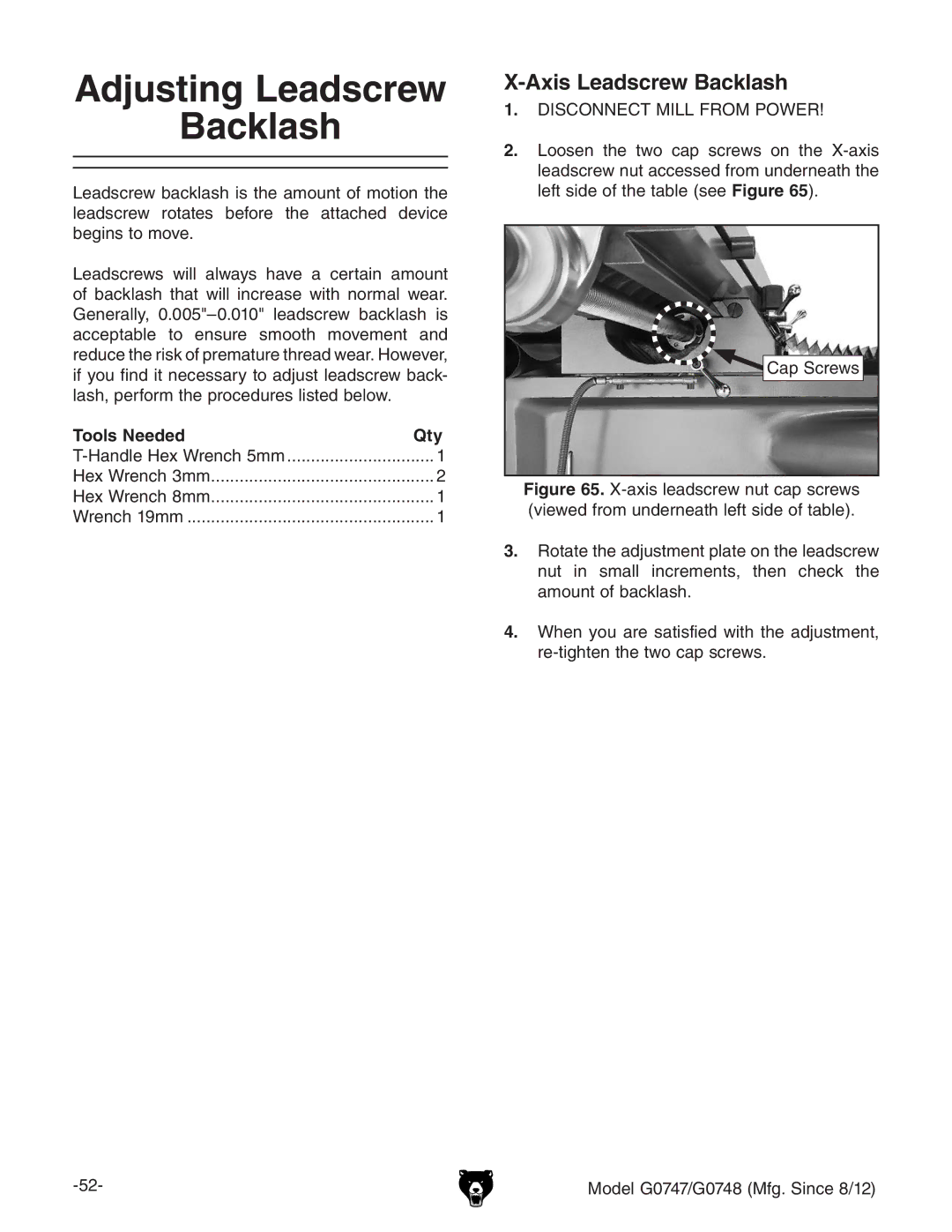 Grizzly g0747, g0748 owner manual Adjusting Leadscrew Backlash, Axis Leadscrew Backlash 