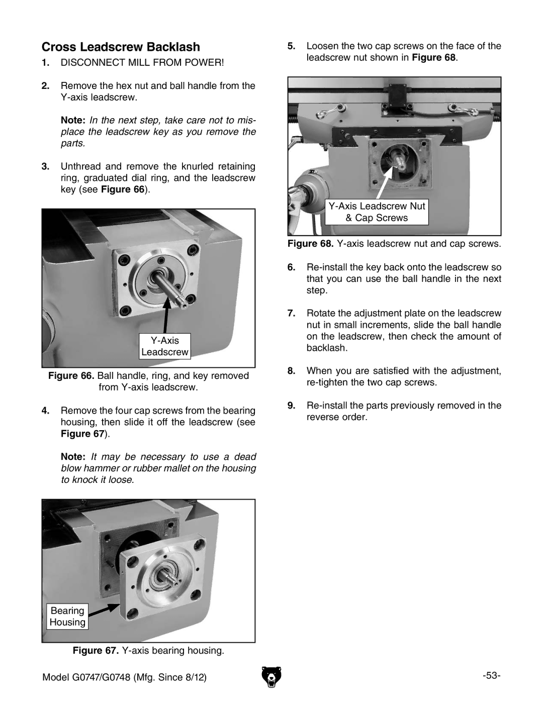 Grizzly g0748, g0747 owner manual Cross Leadscrew Backlash 