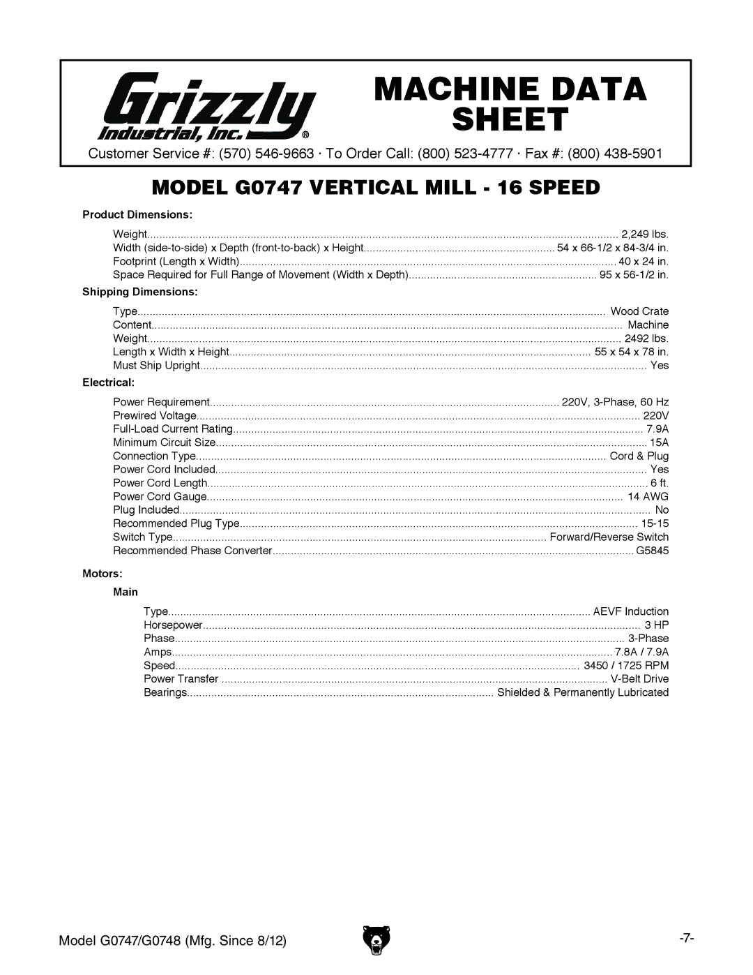 Grizzly g0748, g0747 owner manual Machine Data Sheet 