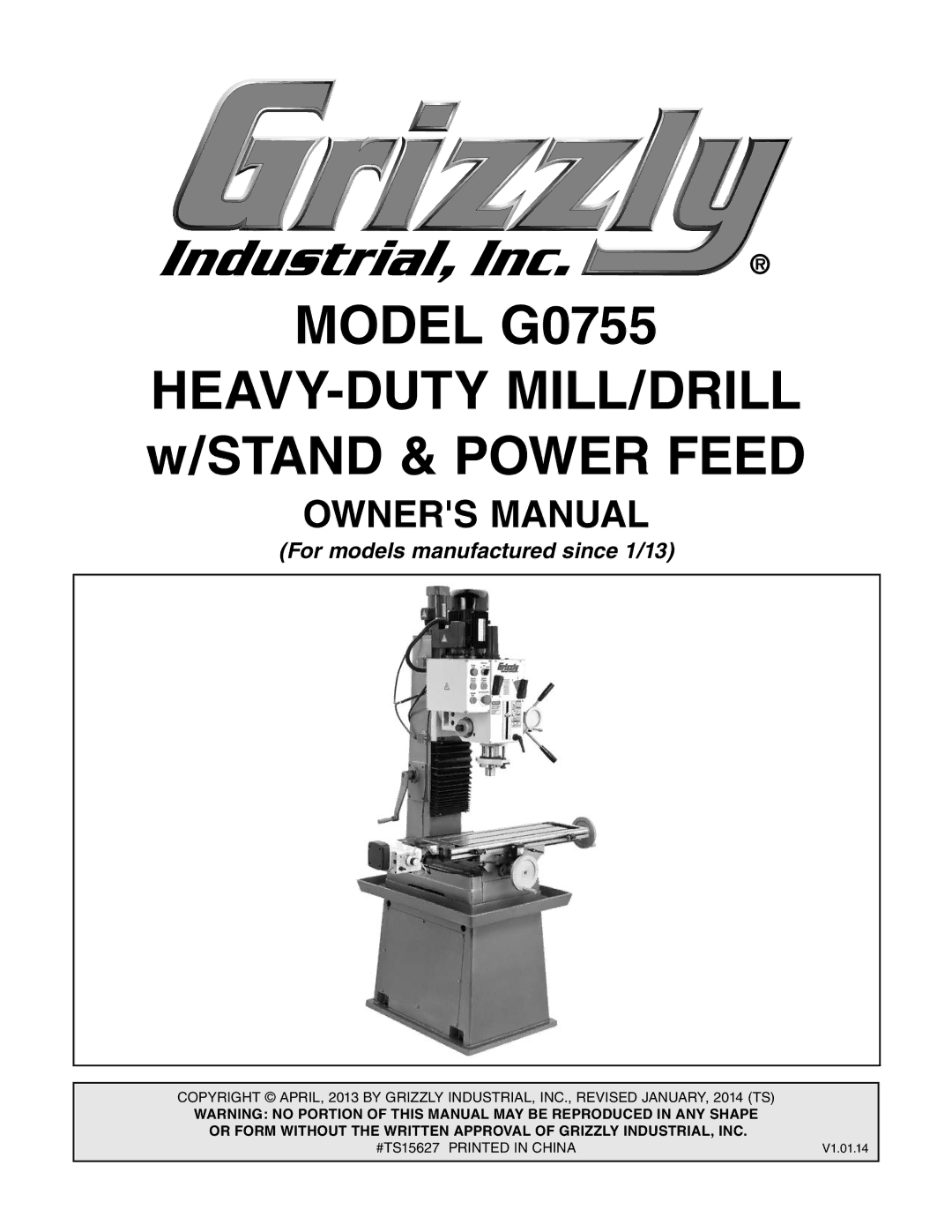 Grizzly owner manual Model G0755 