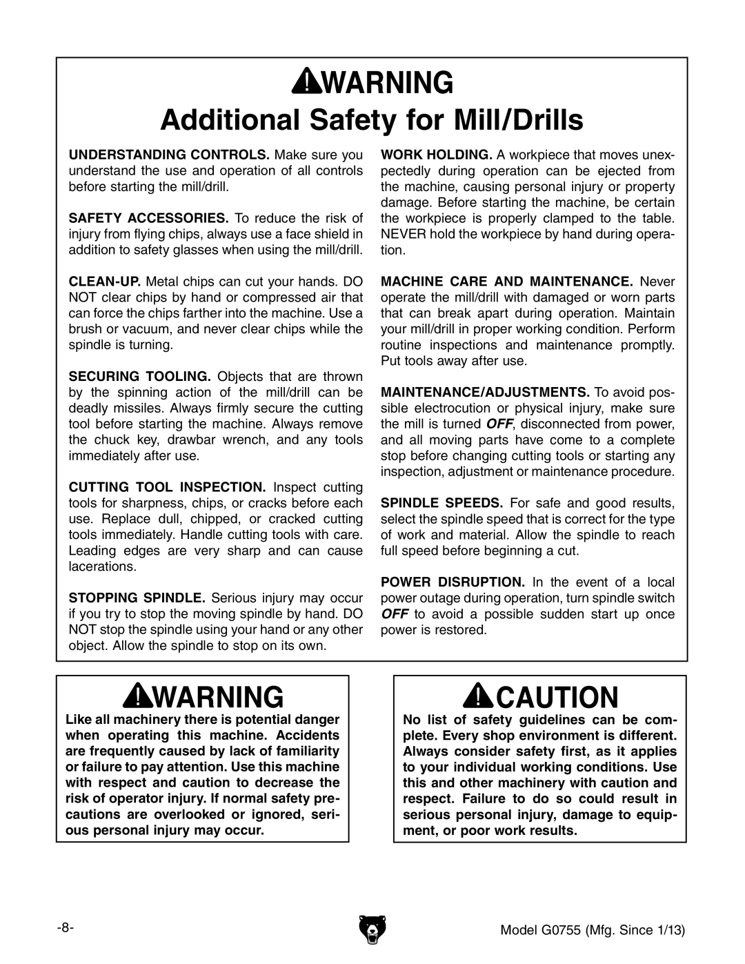 Grizzly G0755 owner manual Additional Safety for Mill/Drills 