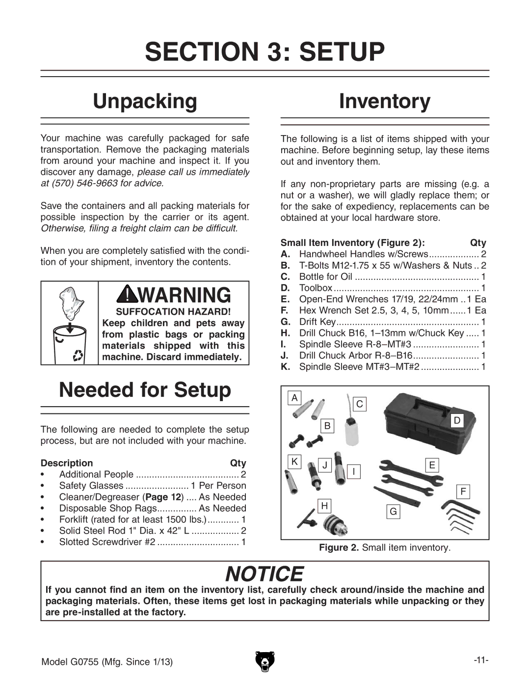 Grizzly G0755 owner manual UnpackingInventory, Needed for Setup 