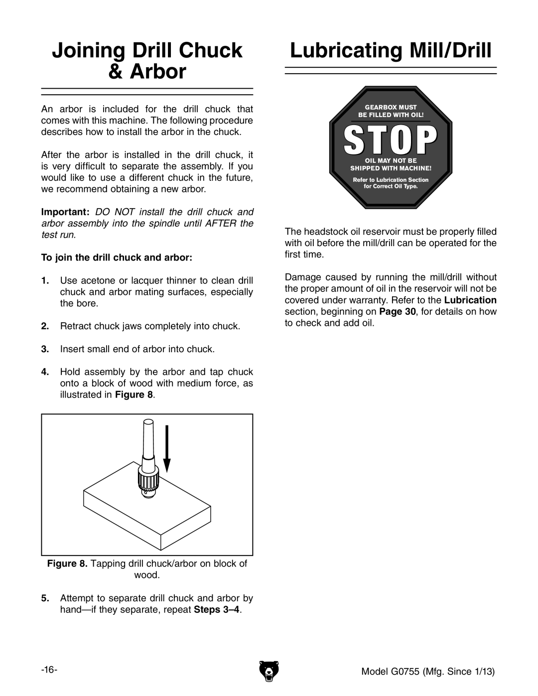 Grizzly G0755 owner manual Joining Drill Chuck Arbor, Lubricating Mill/Drill, To join the drill chuck and arbor 