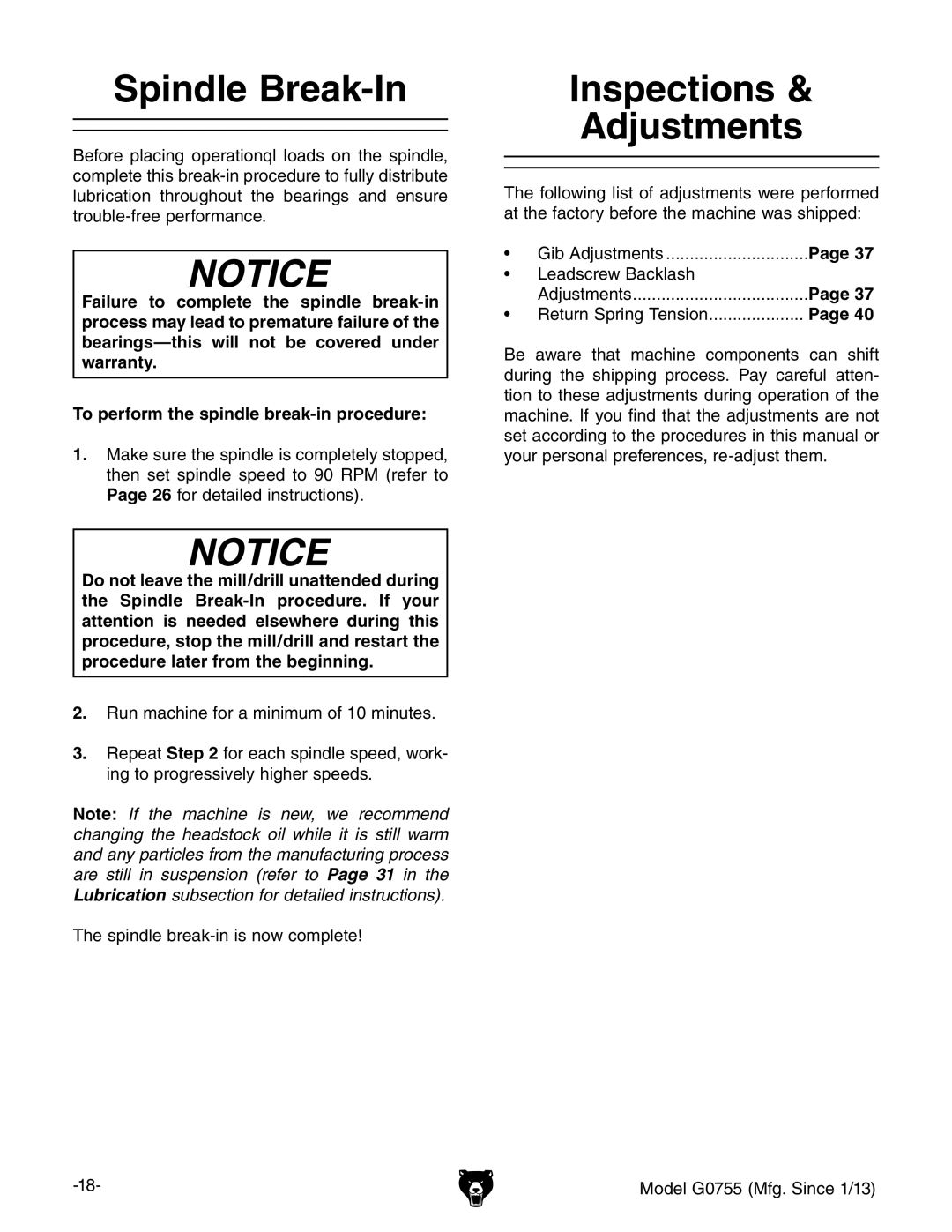 Grizzly G0755 owner manual Spindle Break-In, Inspections Adjustments 