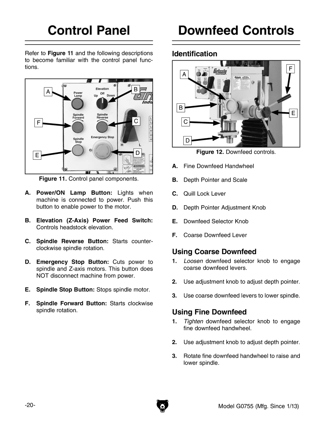 Grizzly G0755 owner manual Control Panel Downfeed Controls, Identification, Using Coarse Downfeed, Using Fine Downfeed 