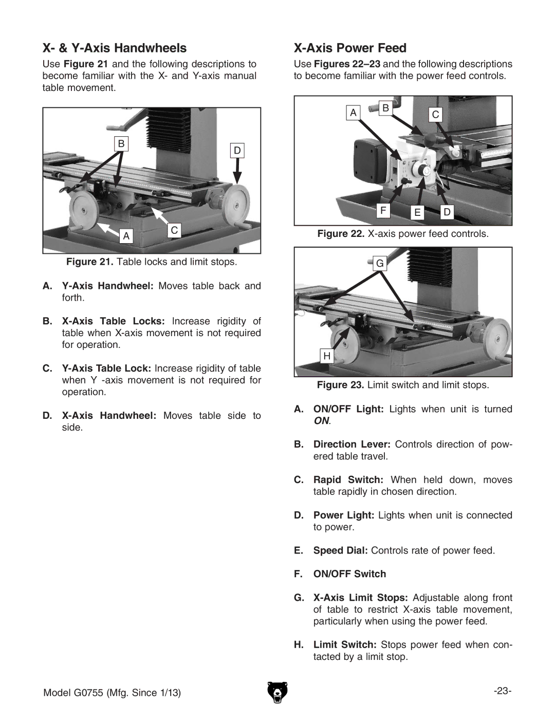 Grizzly G0755 owner manual Axis Handwheels, Axis Power Feed, ON/OFF Switch 