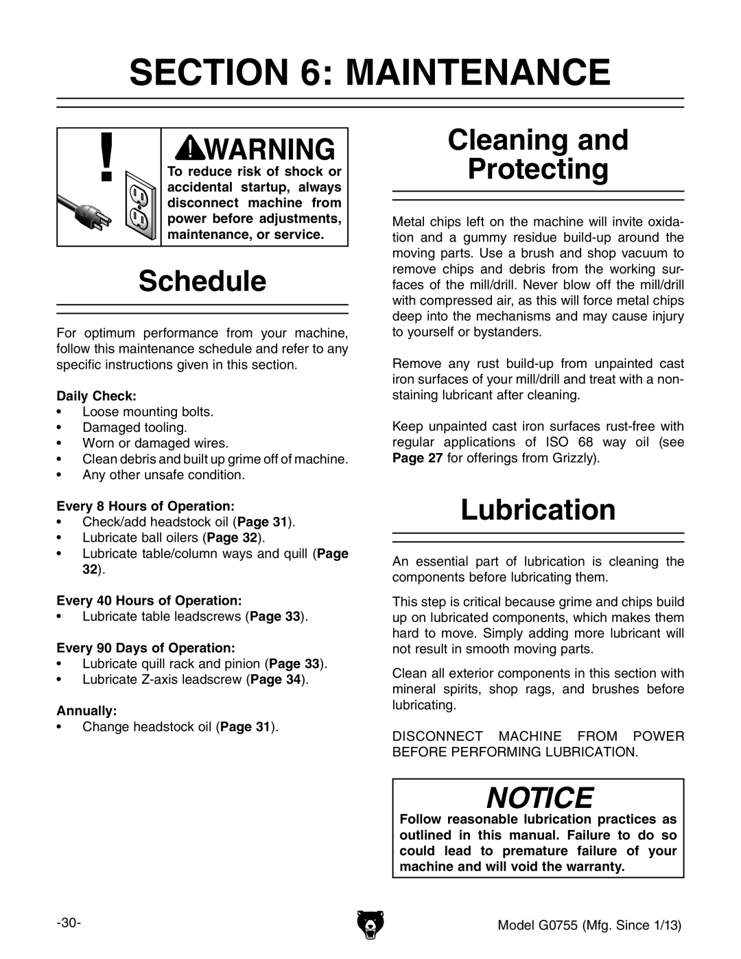 Grizzly G0755 owner manual Maintenance, Schedule, Cleaning Protecting, Lubrication 