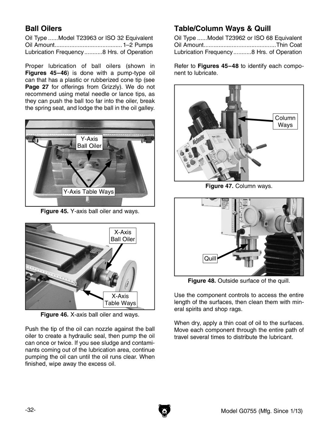 Grizzly G0755 owner manual Ball Oilers, Table/Column Ways & Quill 