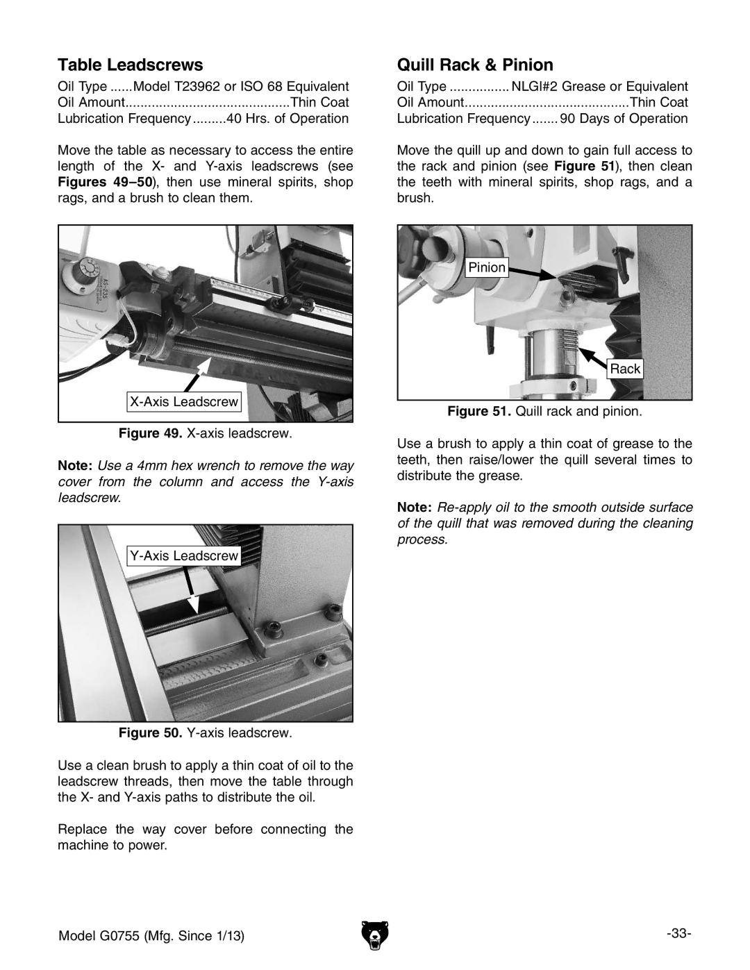 Grizzly G0755 owner manual Table Leadscrews, Quill Rack & Pinion 