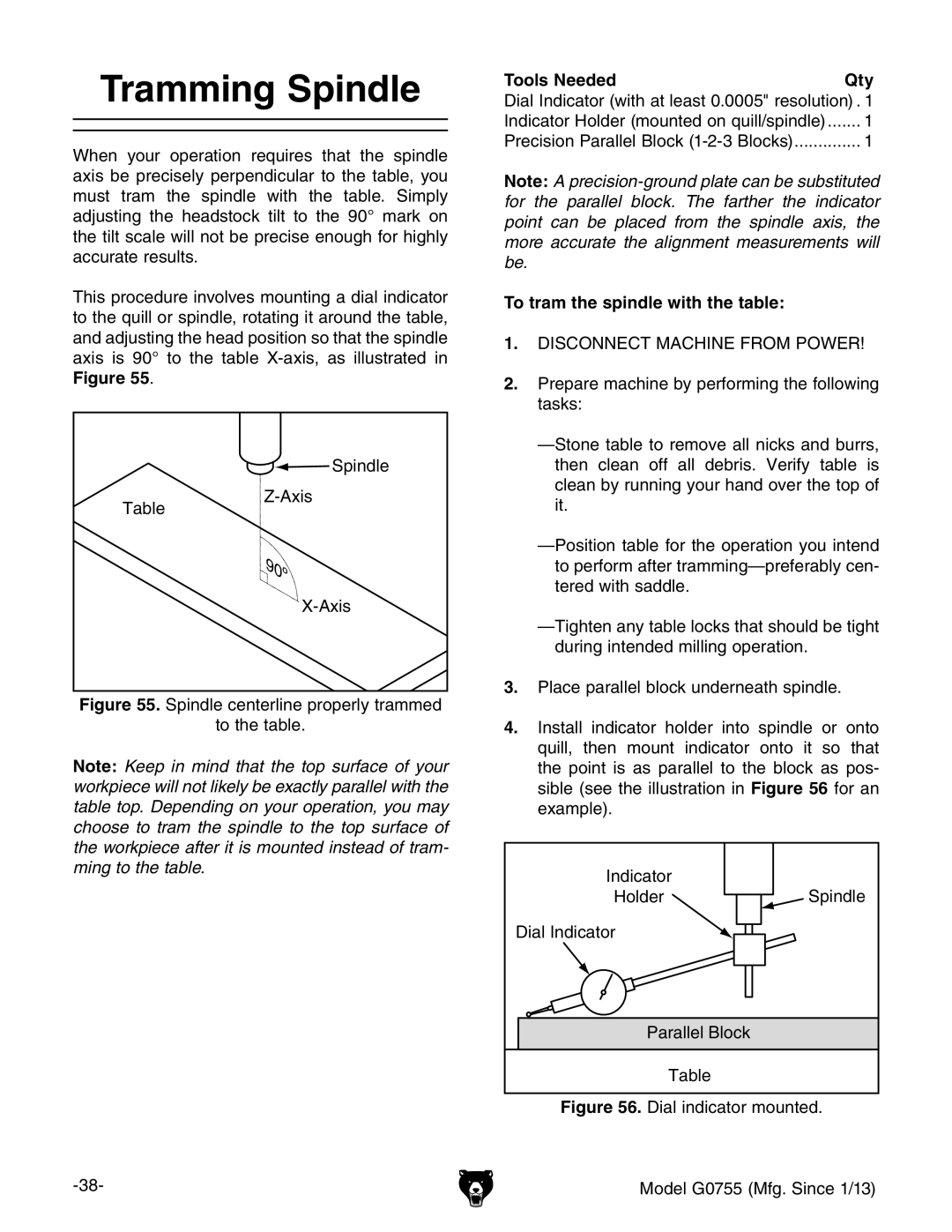 Grizzly G0755 owner manual Tramming Spindle, To tram the spindle with the table 