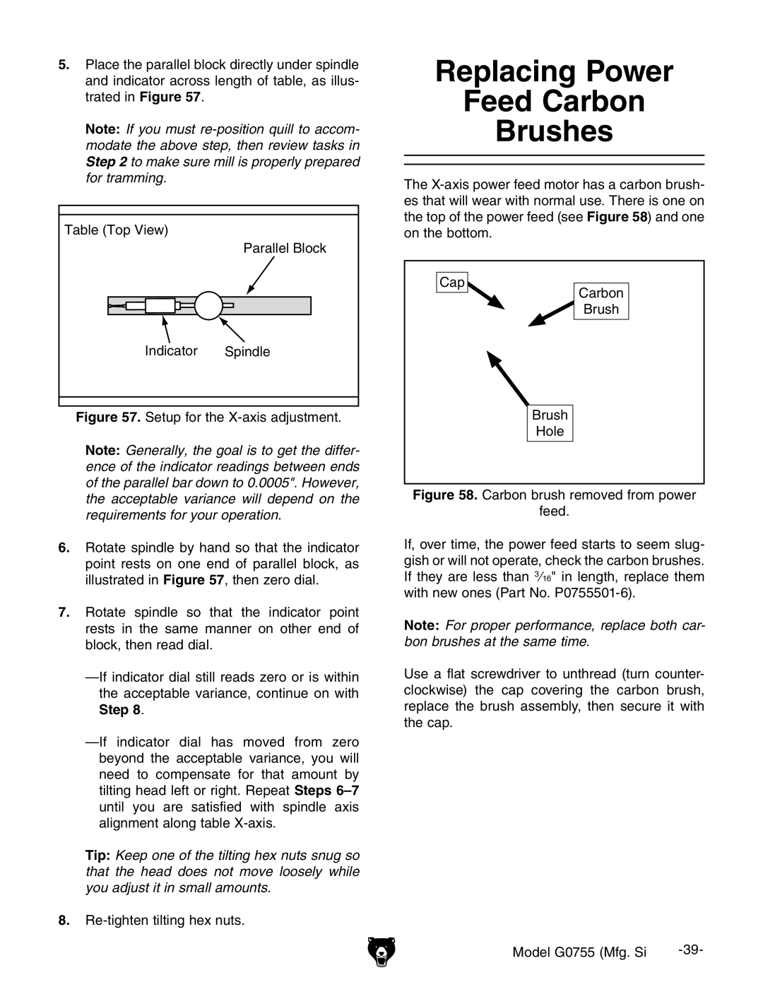 Grizzly G0755 owner manual Replacing Power Feed Carbon Brushes 