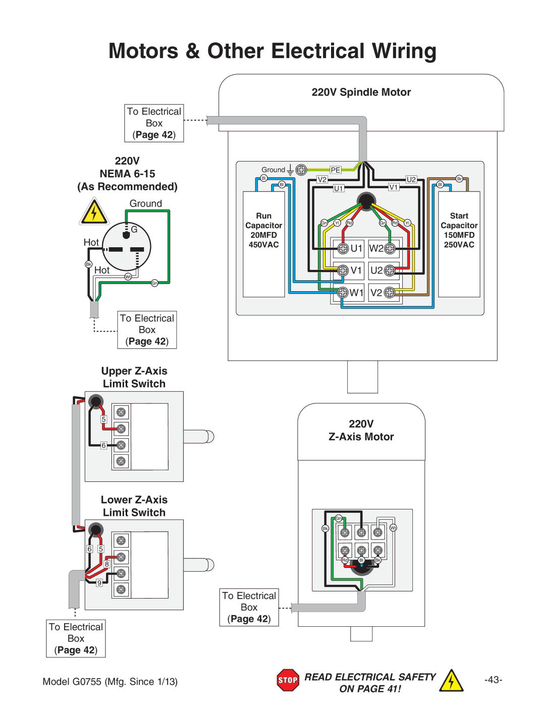 Grizzly G0755 owner manual Motors & Other Electrical Wiring, 220V 