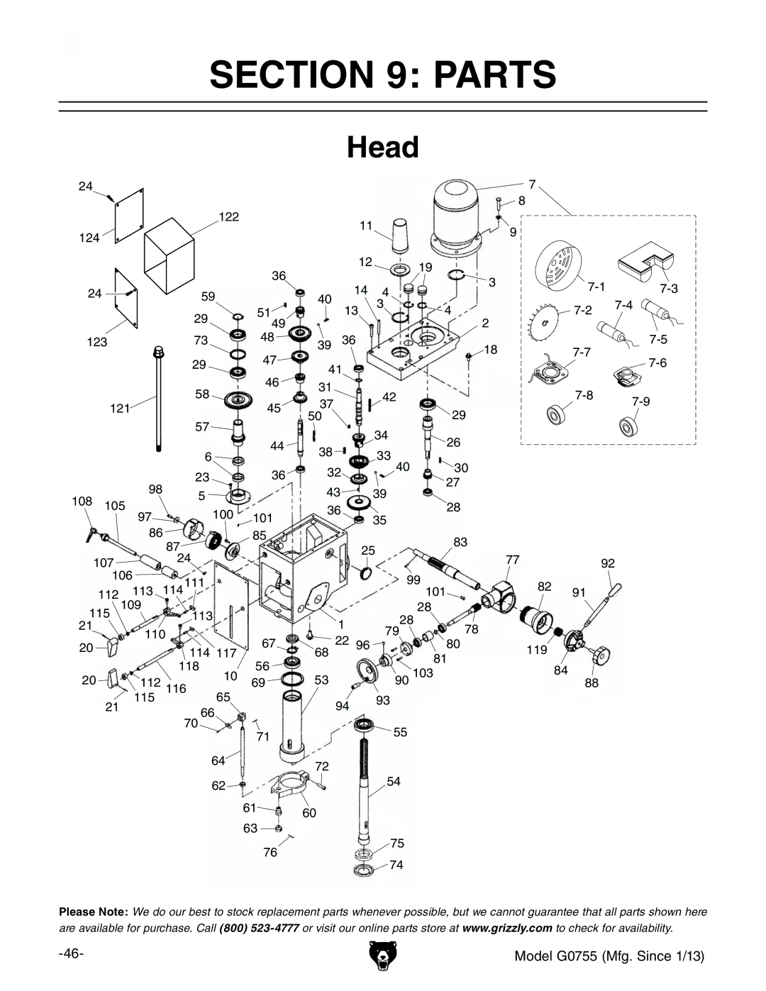 Grizzly G0755 owner manual Parts, Head 