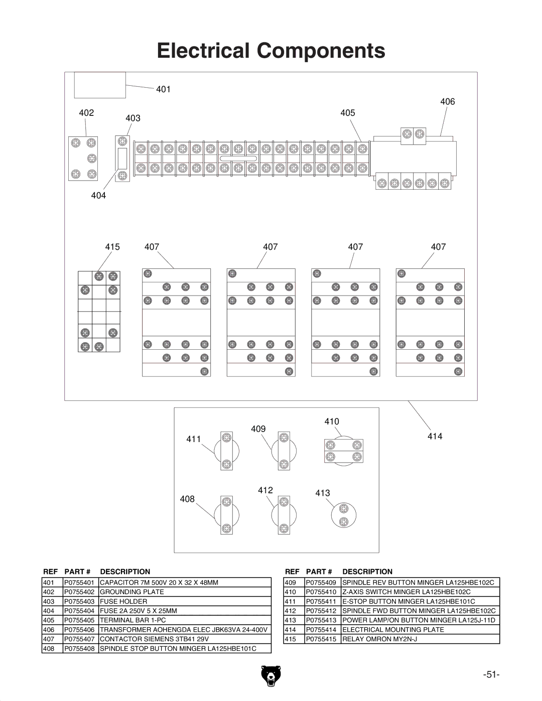 Grizzly G0755 owner manual Electrical Components, 401 406 402 403 405 404 415 411 408 407 409 412 410 413 414 