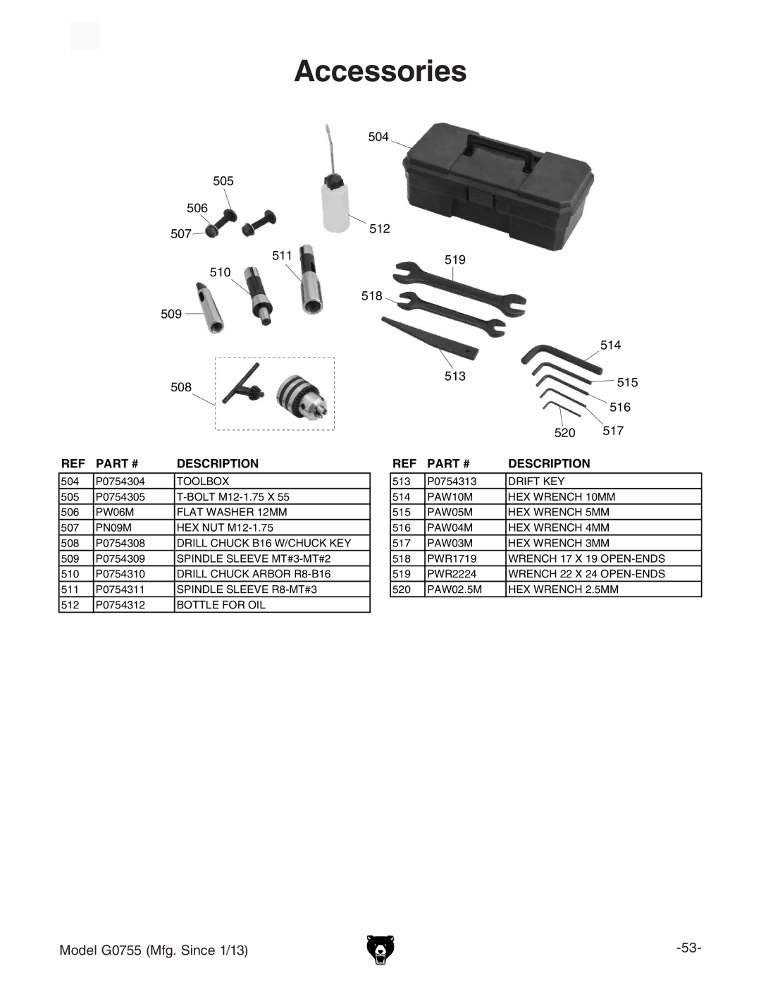 Grizzly G0755 owner manual Accessories 