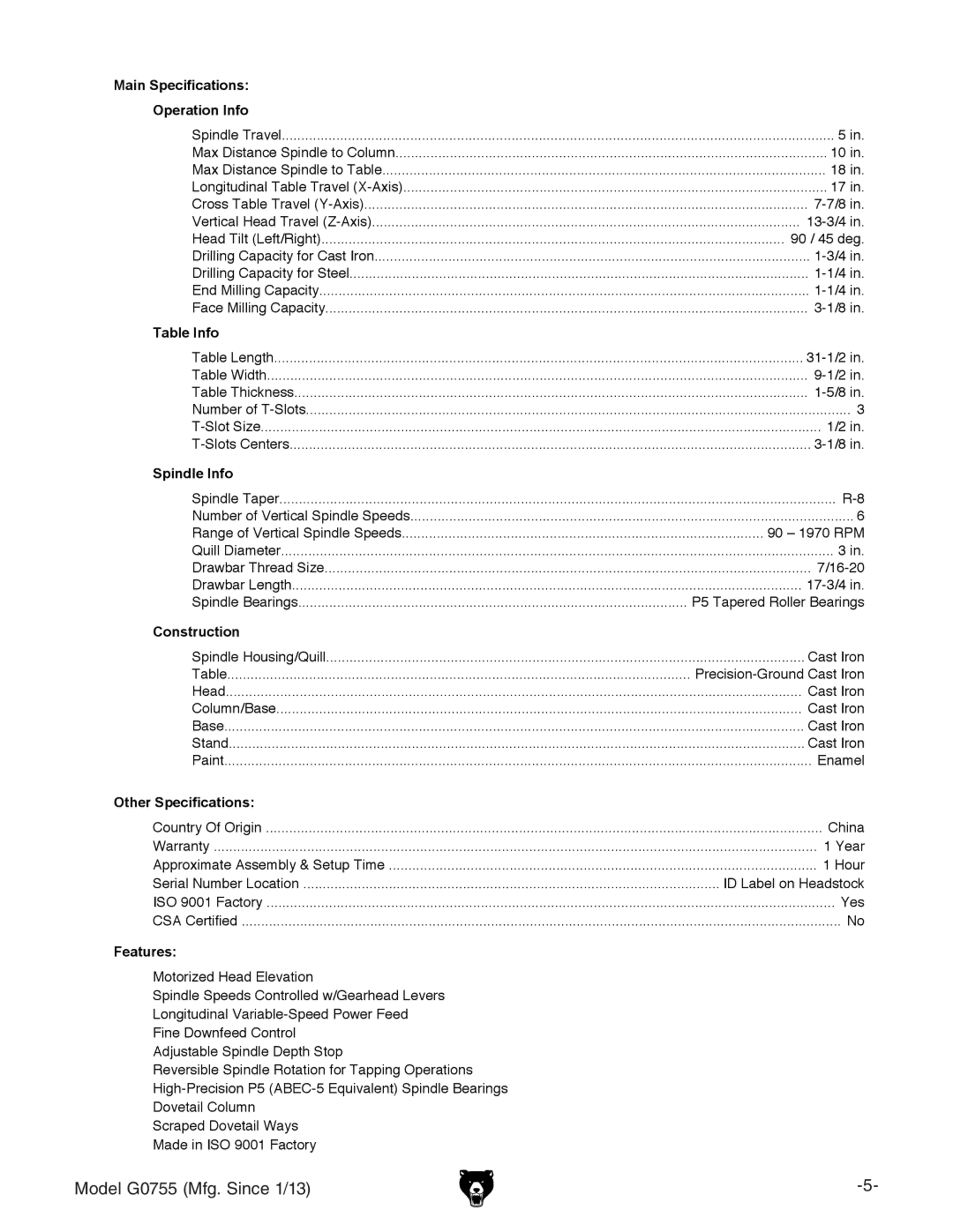 Grizzly G0755 owner manual Table Info 