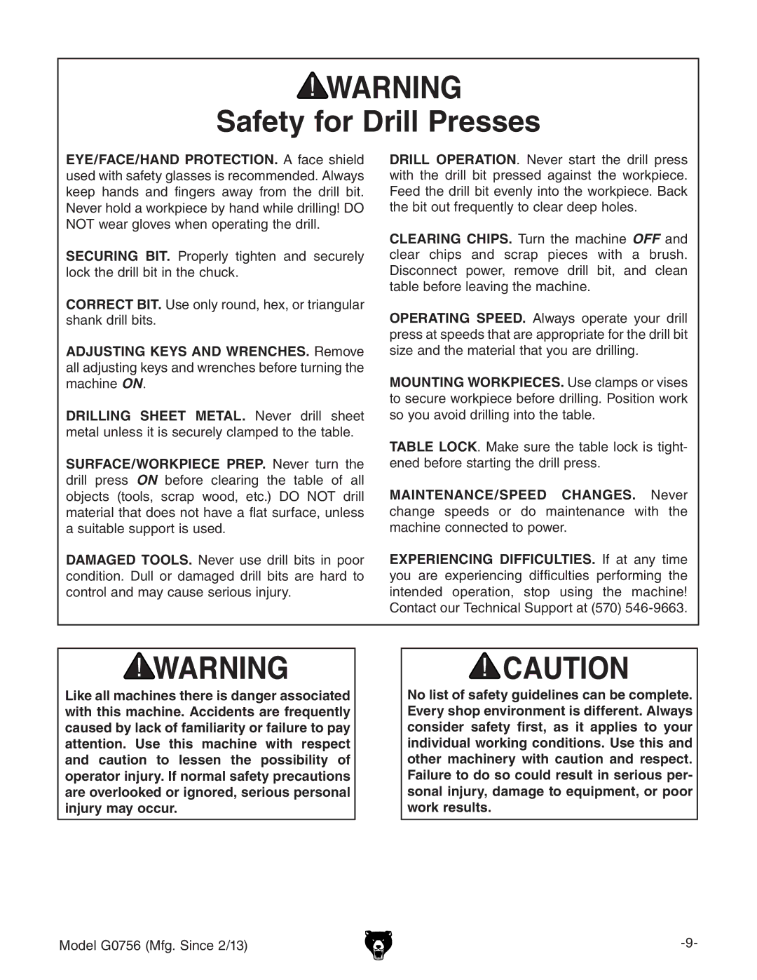 Grizzly G0756 owner manual Safety for Drill Presses 