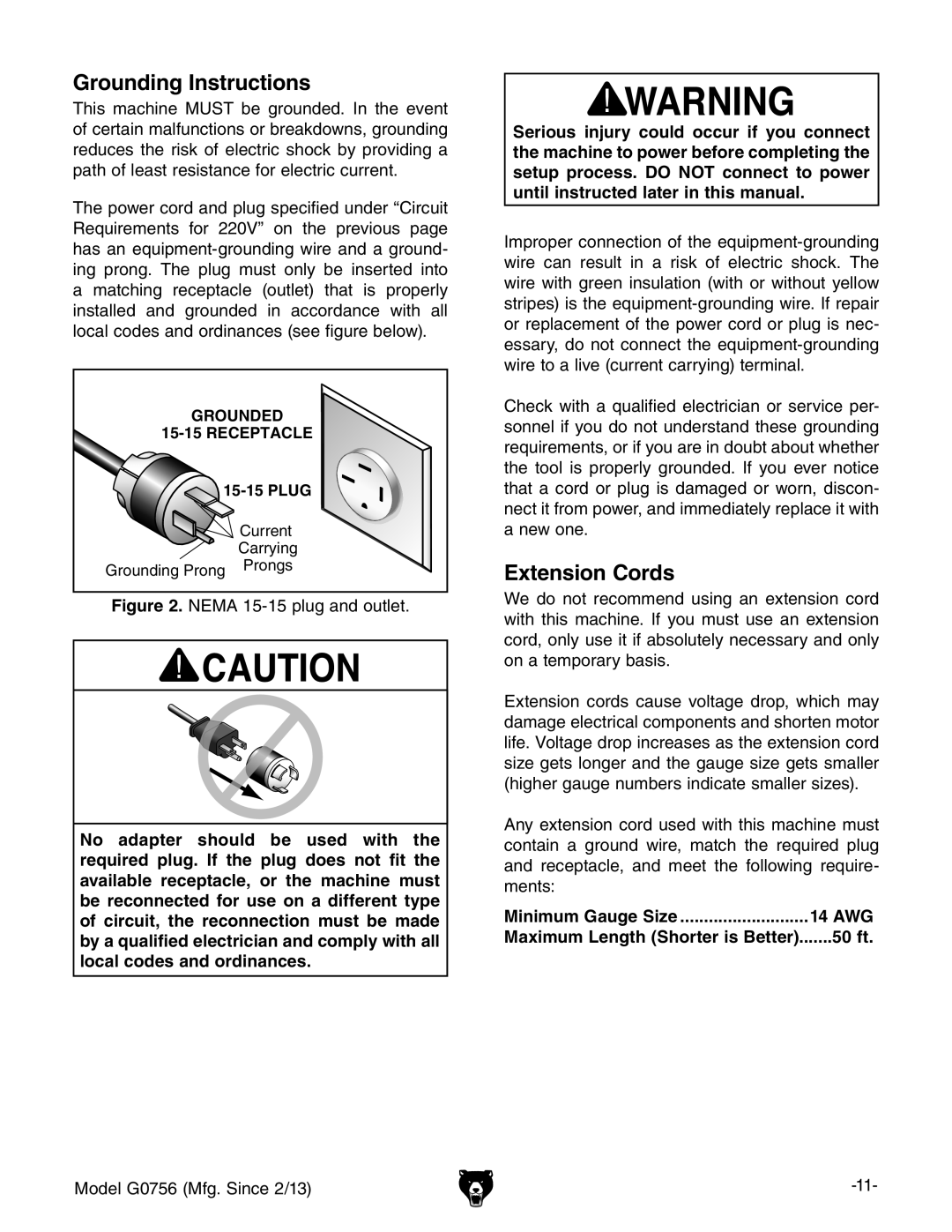 Grizzly G0756 owner manual Grounding Instructions, Extension Cords, Minimum Gauge Size 14 AWG, 50 ft 