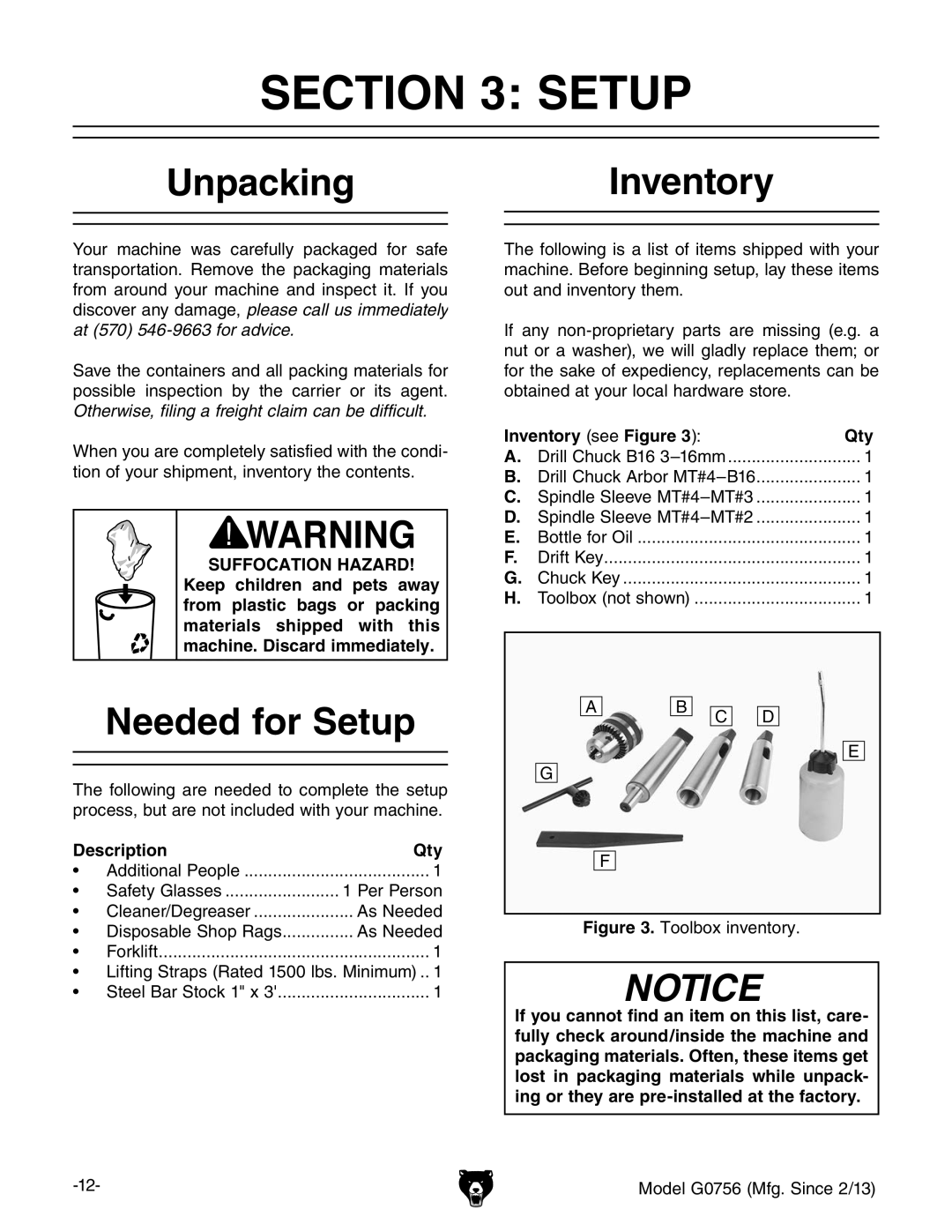 Grizzly G0756 owner manual UnpackingInventory, Needed for Setup, Inventory see Figure Qty, Description Qty 