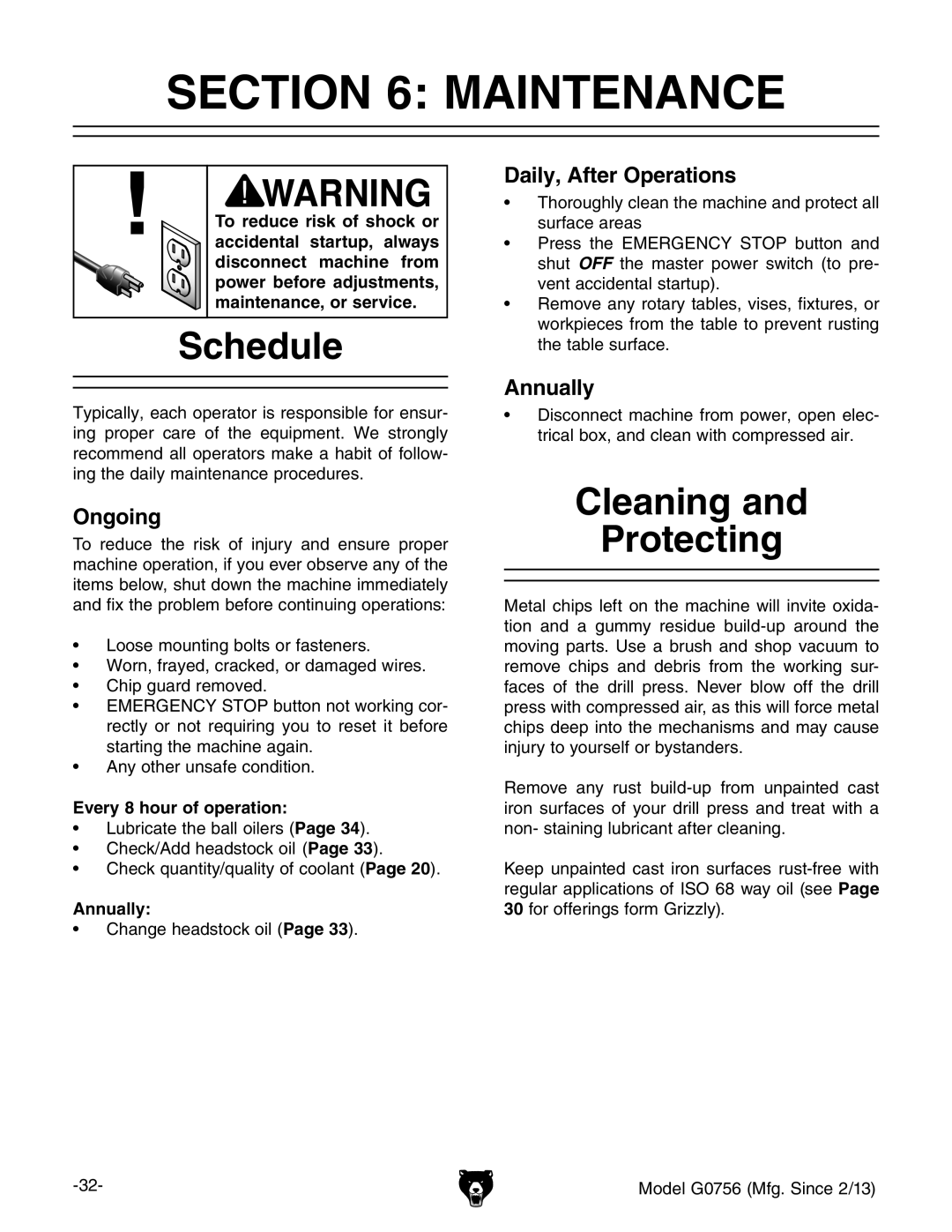 Grizzly G0756 owner manual Maintenance, Schedule, Cleaning Protecting 