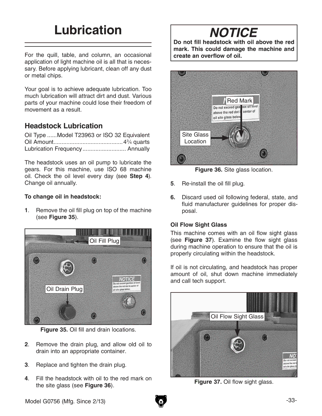 Grizzly G0756 owner manual Headstock Lubrication, To change oil in headstock, Oil Flow Sight Glass 