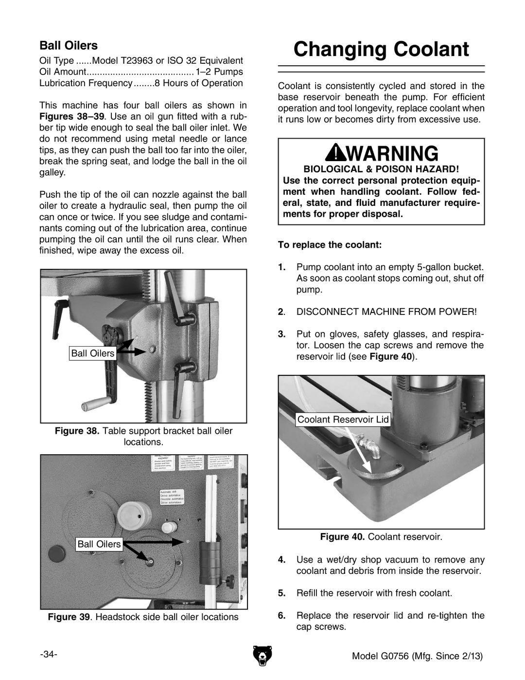 Grizzly G0756 owner manual Changing Coolant, Ball Oilers 