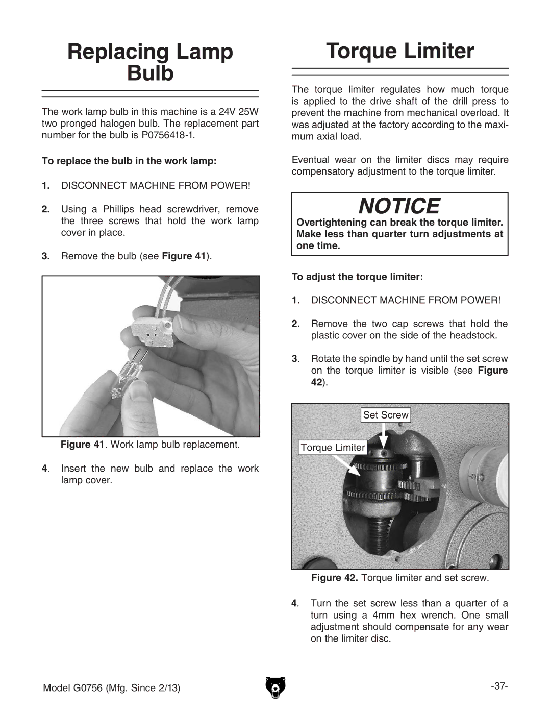 Grizzly G0756 owner manual Replacing Lamp Bulb, Torque Limiter, To replace the bulb in the work lamp 