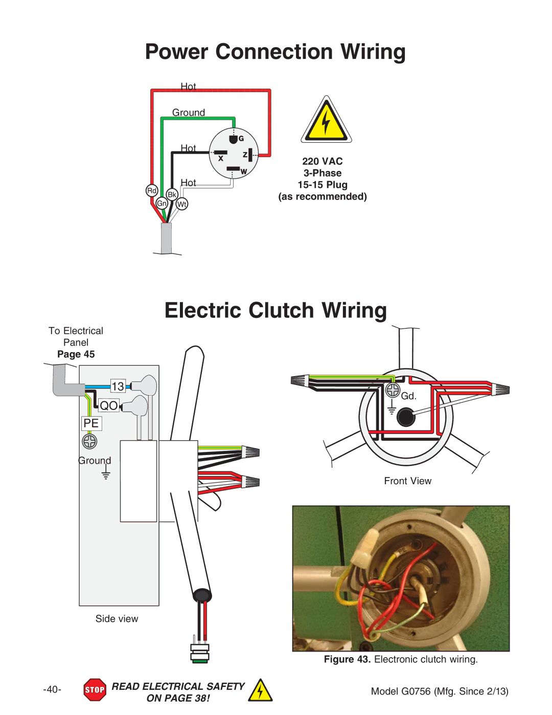 Grizzly G0756 owner manual Power Connection Wiring, Electric Clutch Wiring, Hot 220 VAC, Plug 