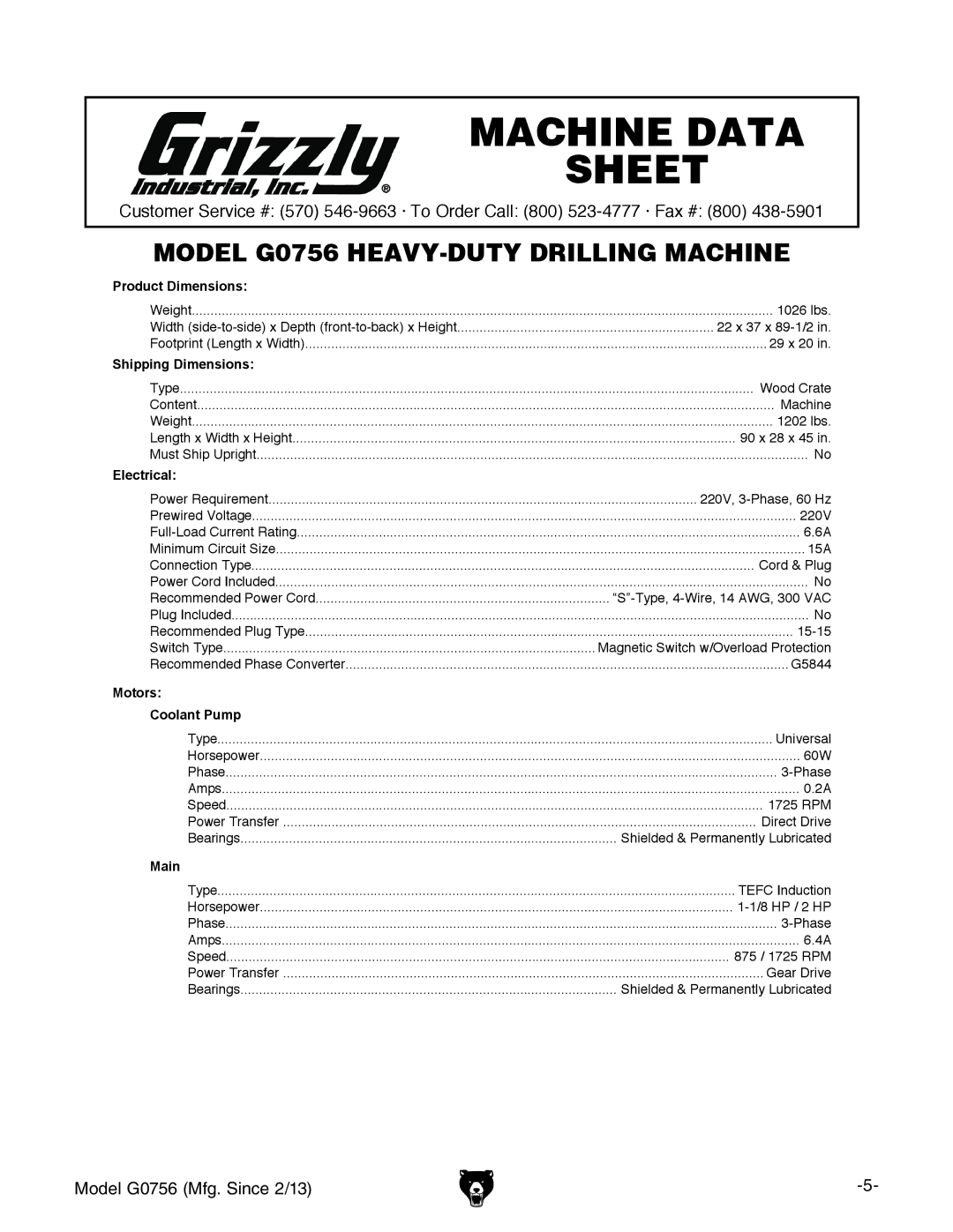 Grizzly G0756 owner manual Machine Data Sheet 