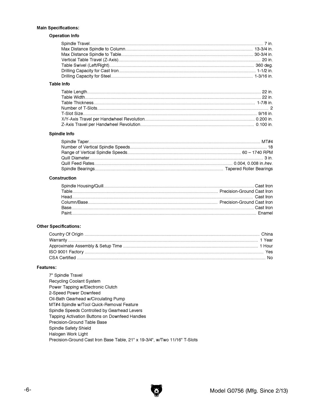 Grizzly G0756 owner manual Main Specifications Operation Info 