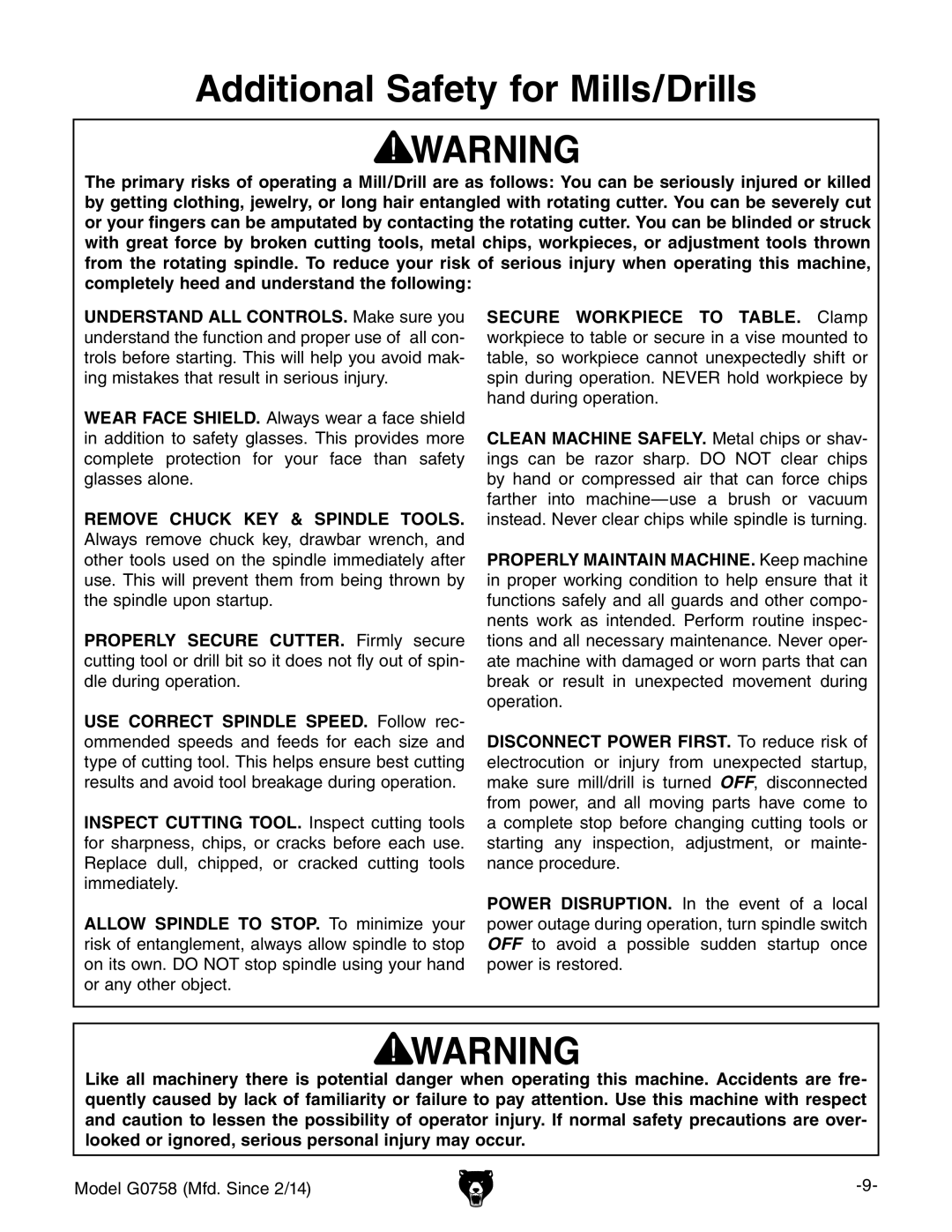 Grizzly G0758 owner manual Additional Safety for Mills/Drills 