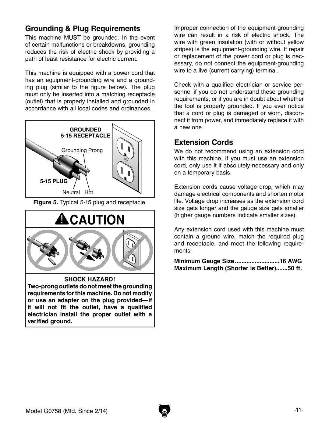 Grizzly G0758 owner manual Grounding & Plug Requirements, Extension Cords, Minimum Gauge Size 16 AWG, 50 ft 