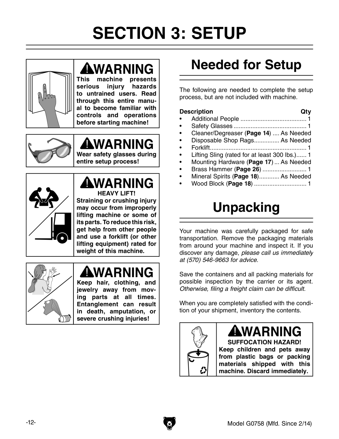 Grizzly G0758 owner manual Needed for Setup, Unpacking, Description Qty 