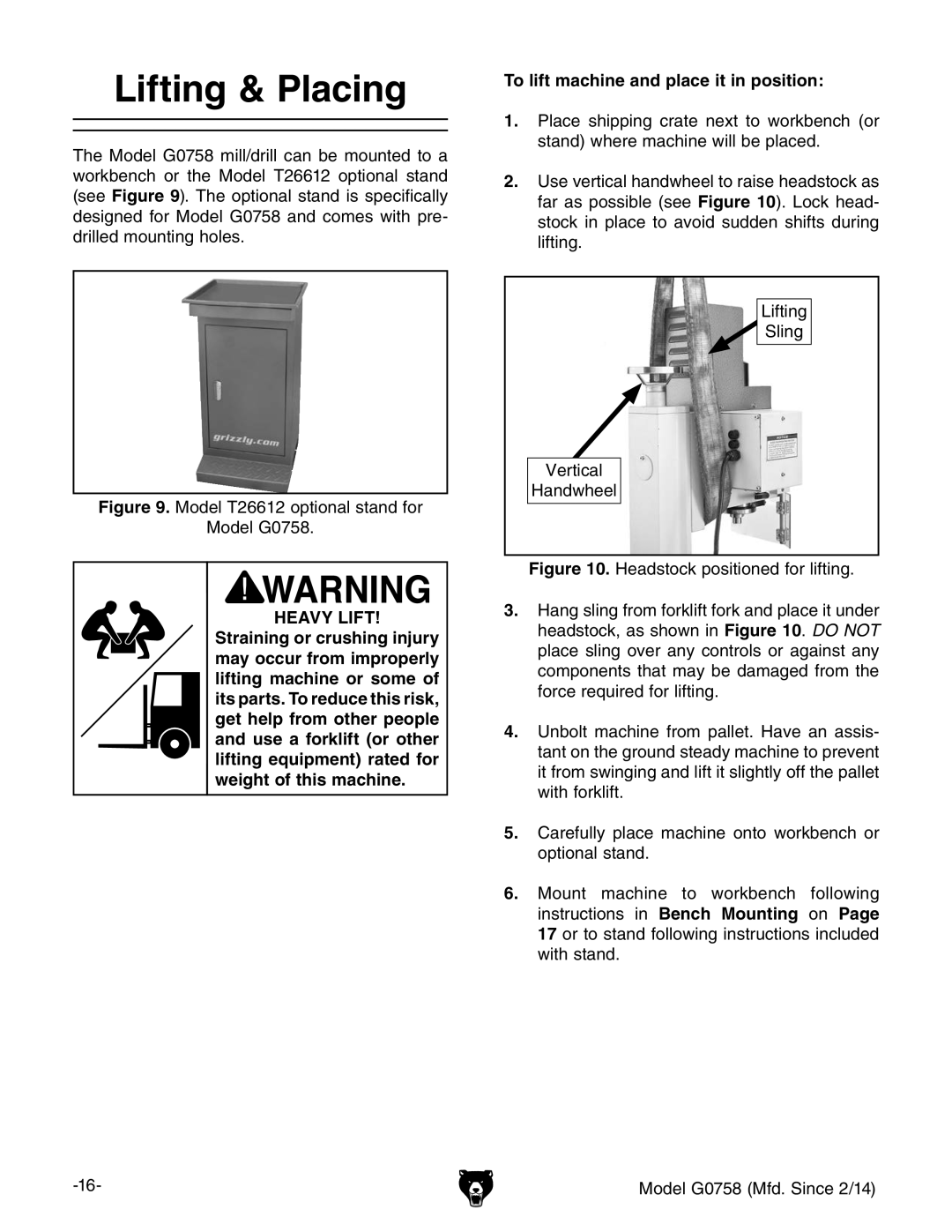 Grizzly G0758 owner manual Lifting & Placing, To lift machine and place it in position 