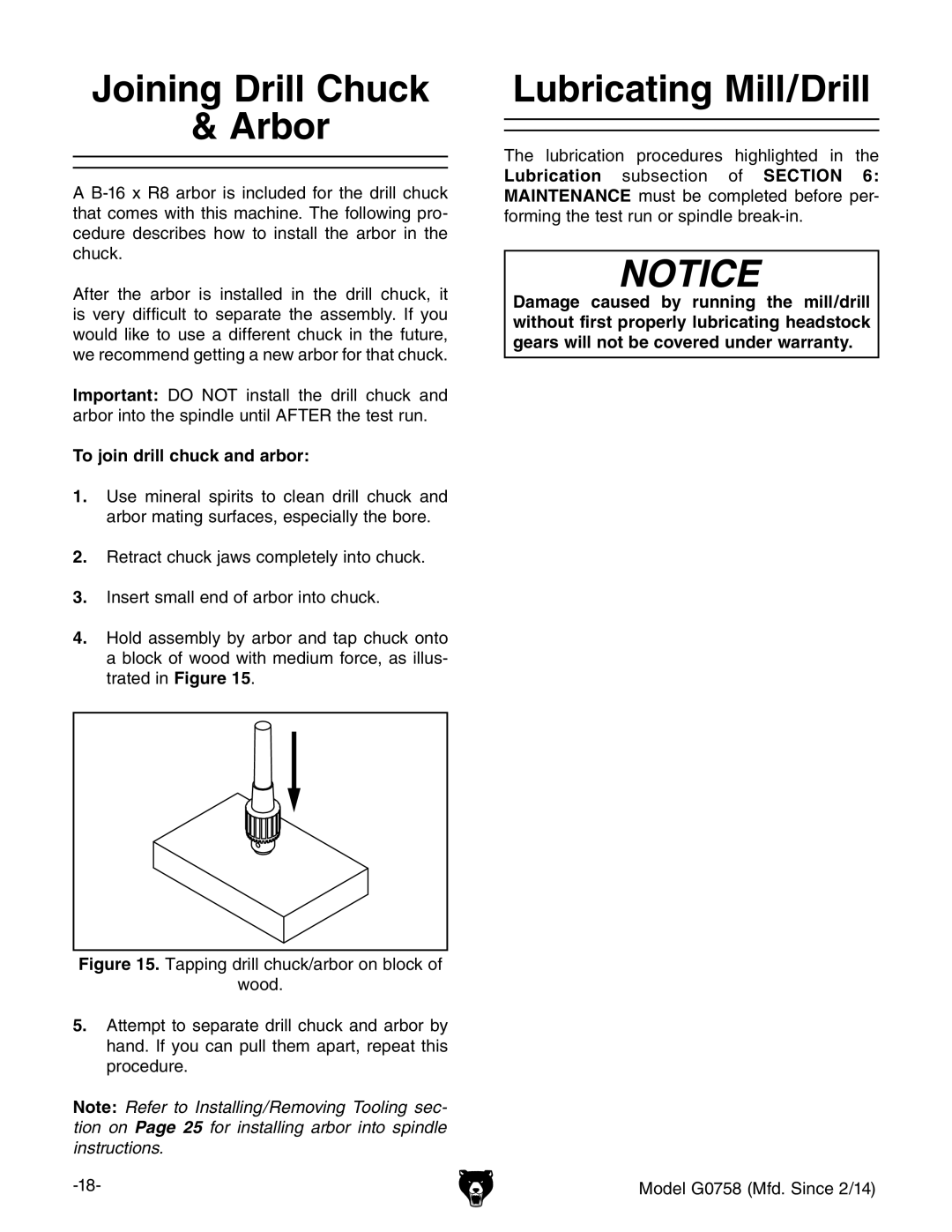 Grizzly G0758 owner manual Joining Drill Chuck Arbor, Lubricating Mill/Drill, To join drill chuck and arbor 