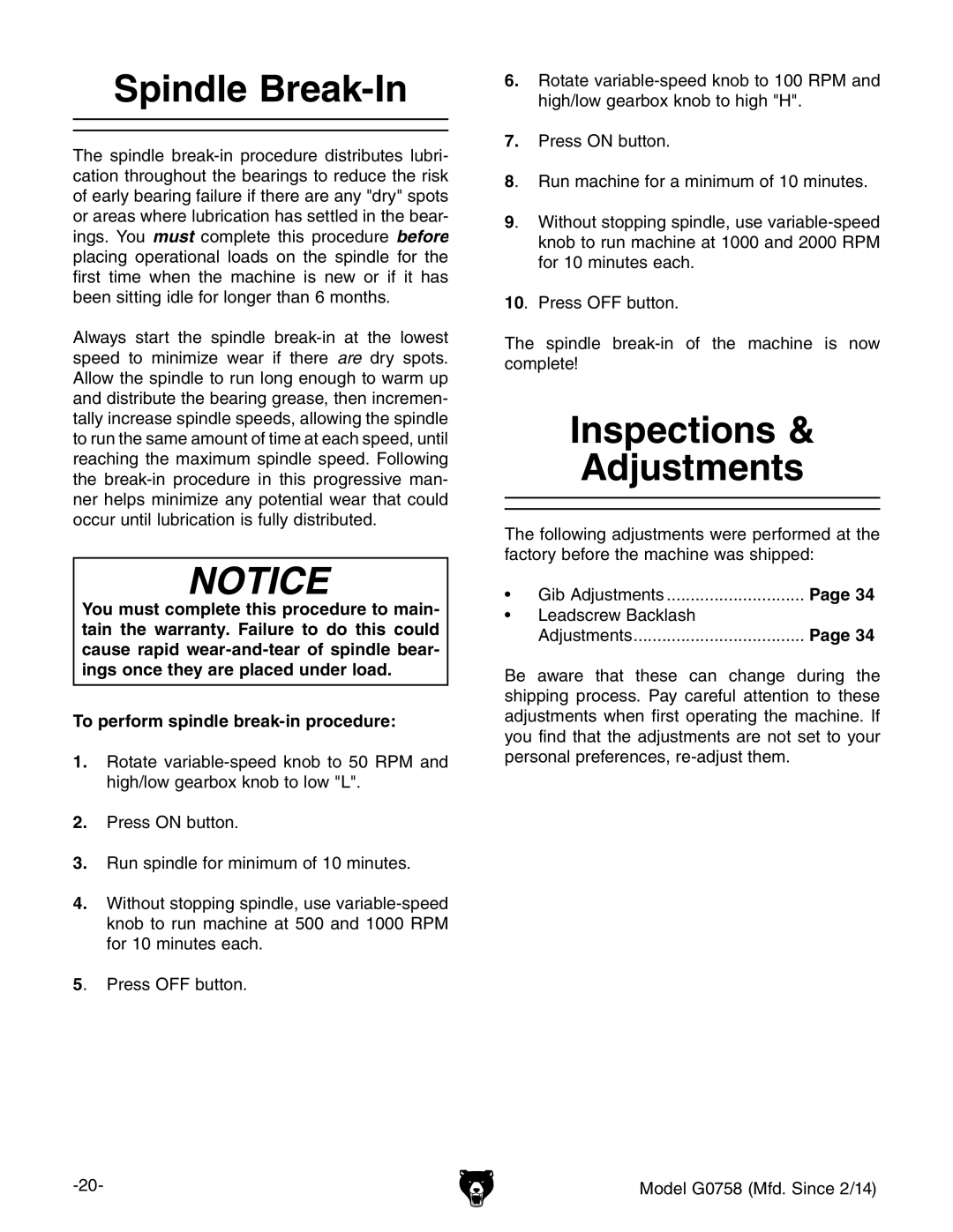 Grizzly G0758 owner manual Spindle Break-In, Inspections Adjustments 