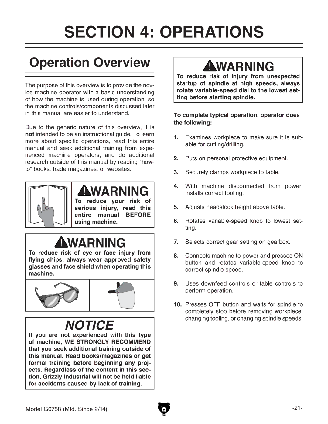 Grizzly G0758 owner manual Operations, Operation Overview 