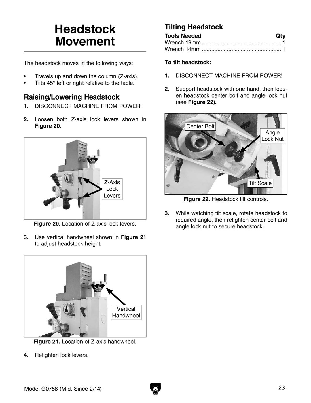 Grizzly G0758 Headstock Movement, Raising/Lowering Headstock, Tilting Headstock, Tools Needed Qty, To tilt headstock 