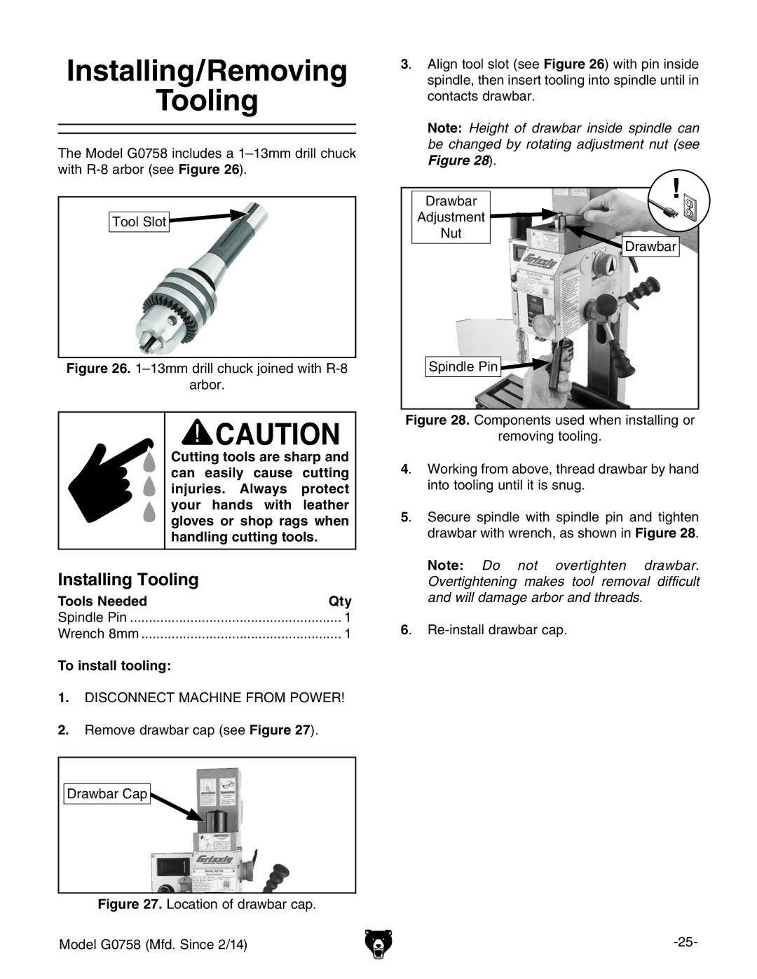 Grizzly G0758 owner manual Installing/Removing Tooling, Installing Tooling, To install tooling 