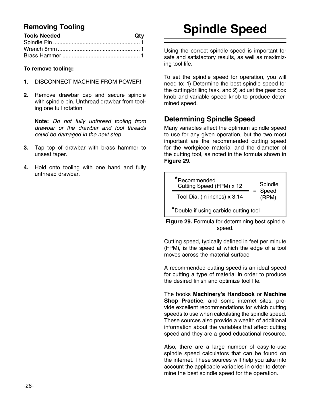 Grizzly G0758 owner manual Removing Tooling, Determining Spindle Speed, To remove tooling 