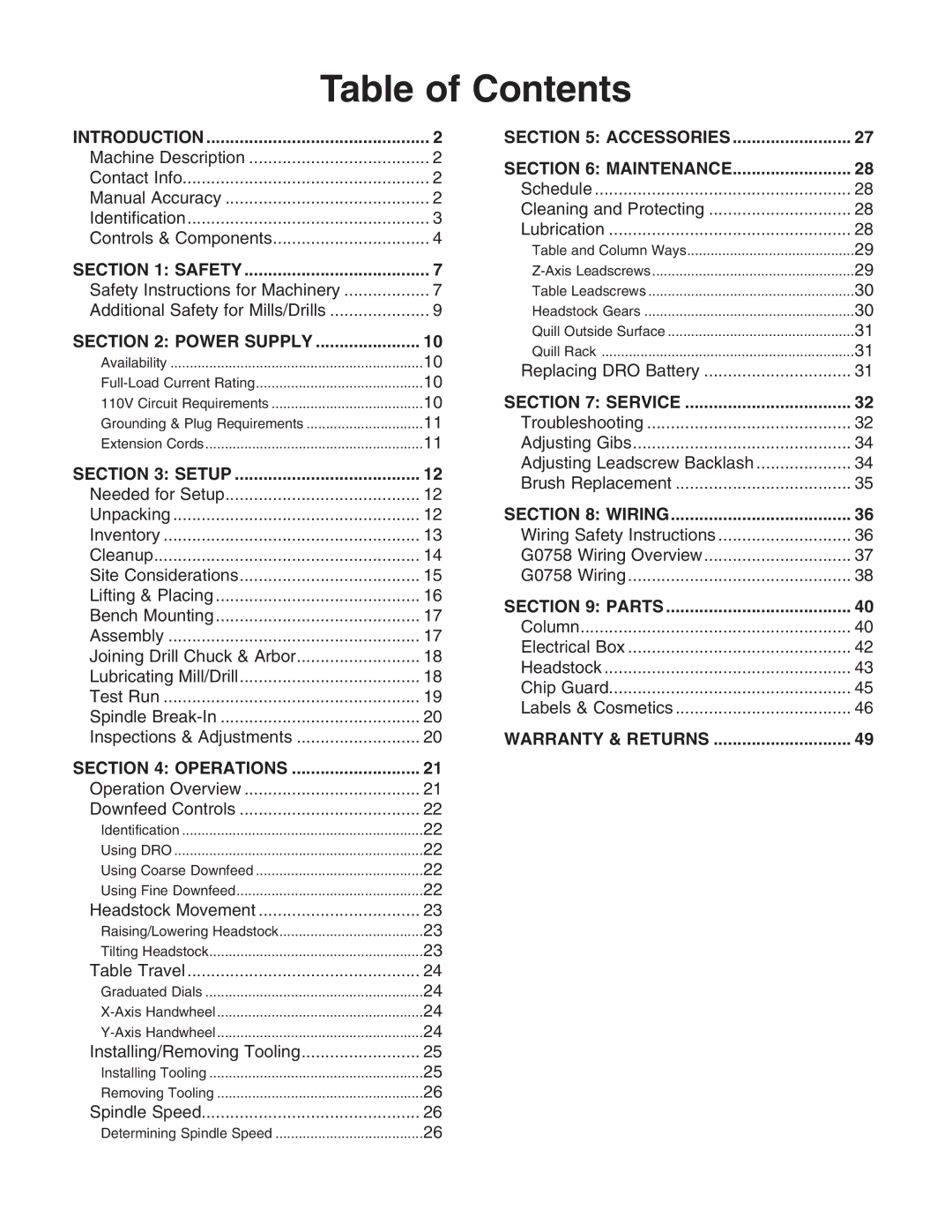 Grizzly G0758 owner manual Table of Contents 