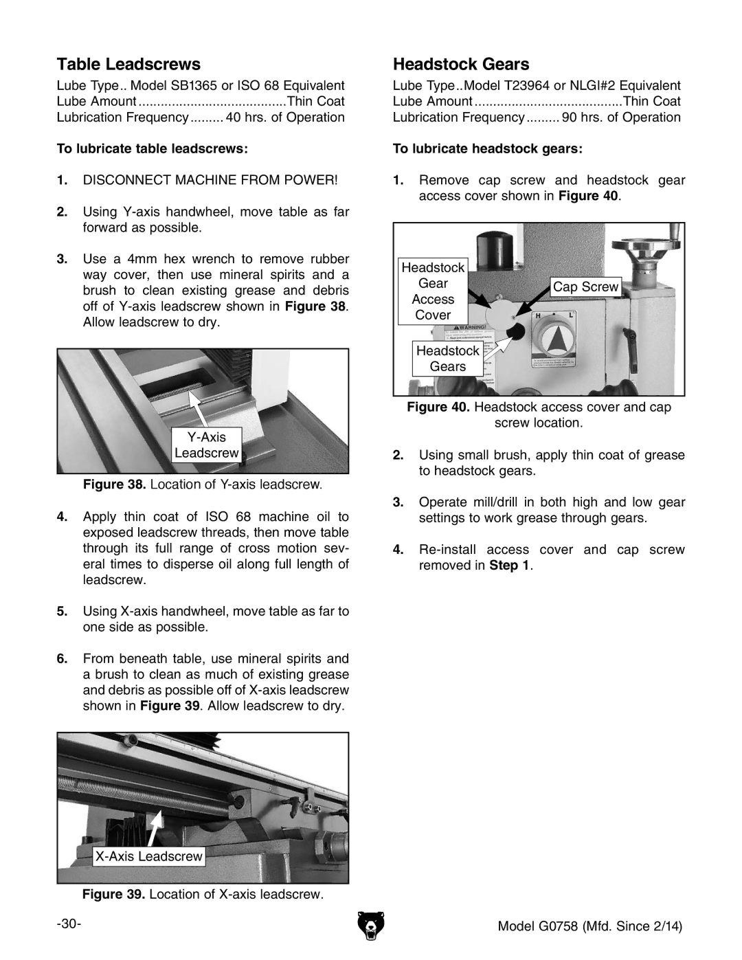 Grizzly G0758 owner manual Table Leadscrews, Headstock Gears, To lubricate table leadscrews, To lubricate headstock gears 