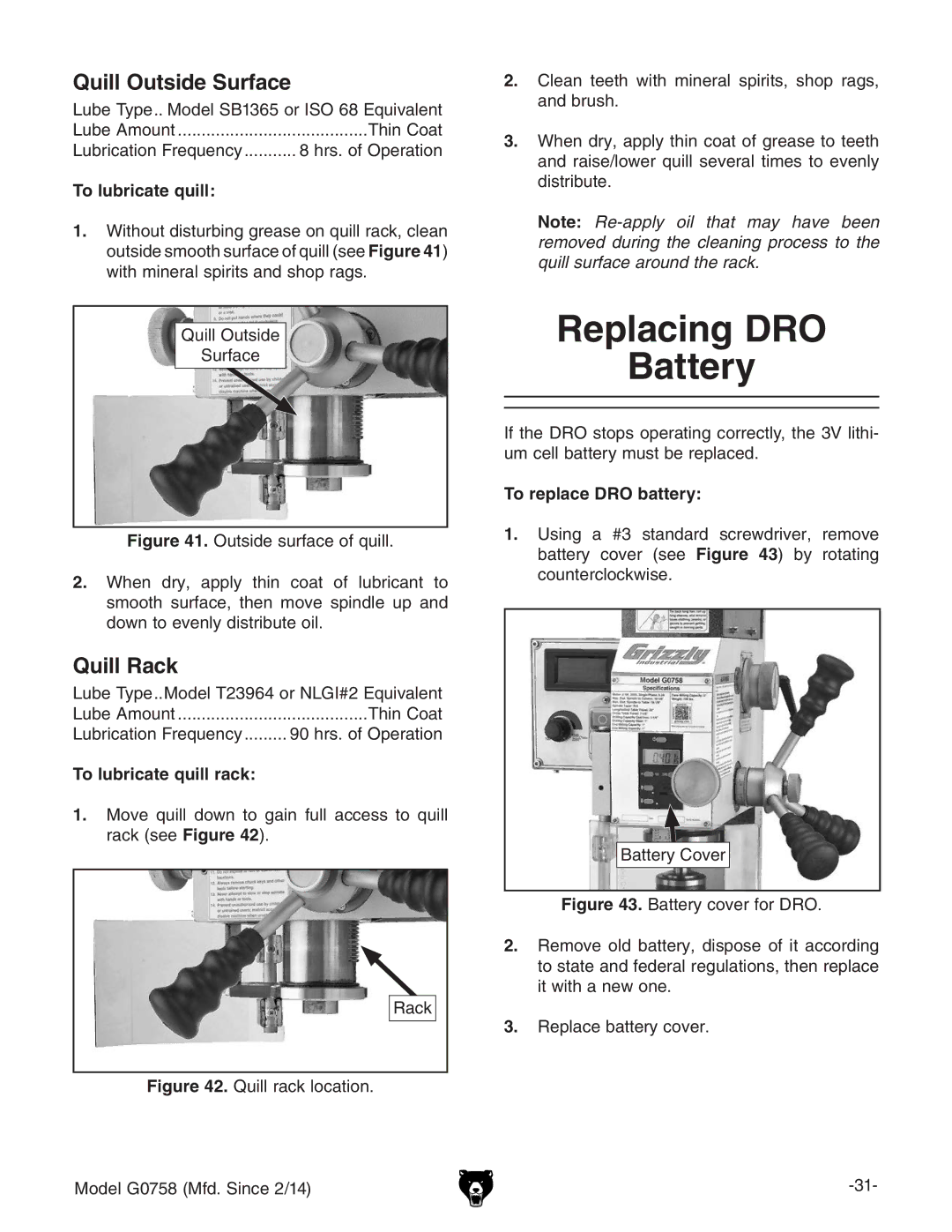 Grizzly G0758 owner manual Replacing DRO Battery, Quill Outside Surface, Quill Rack 