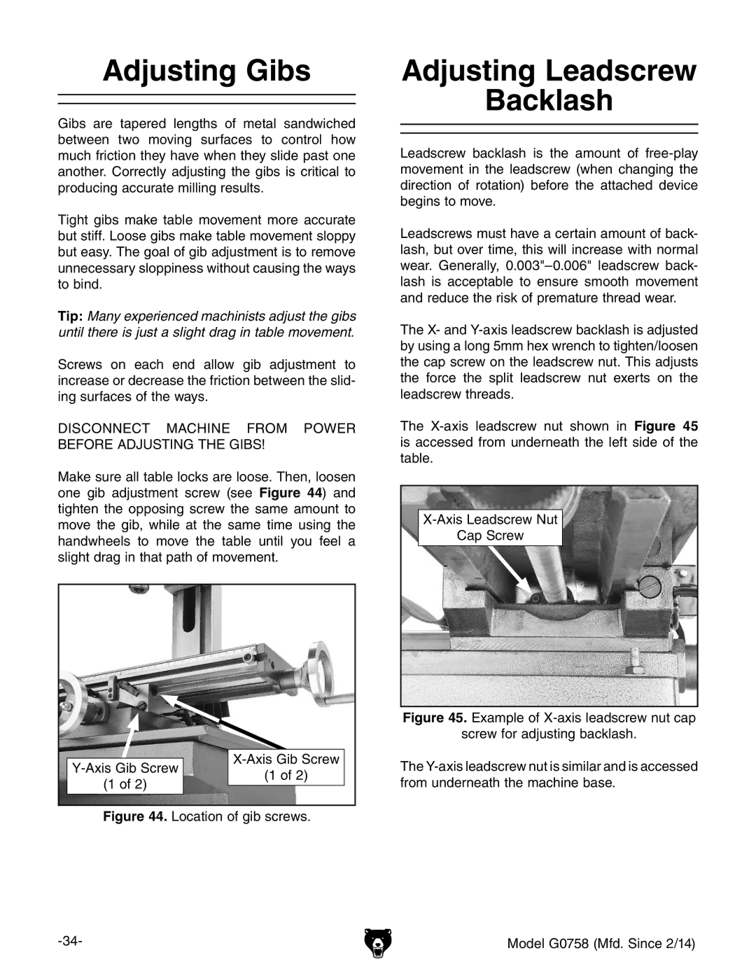 Grizzly G0758 owner manual Adjusting Gibs, Adjusting Leadscrew Backlash 