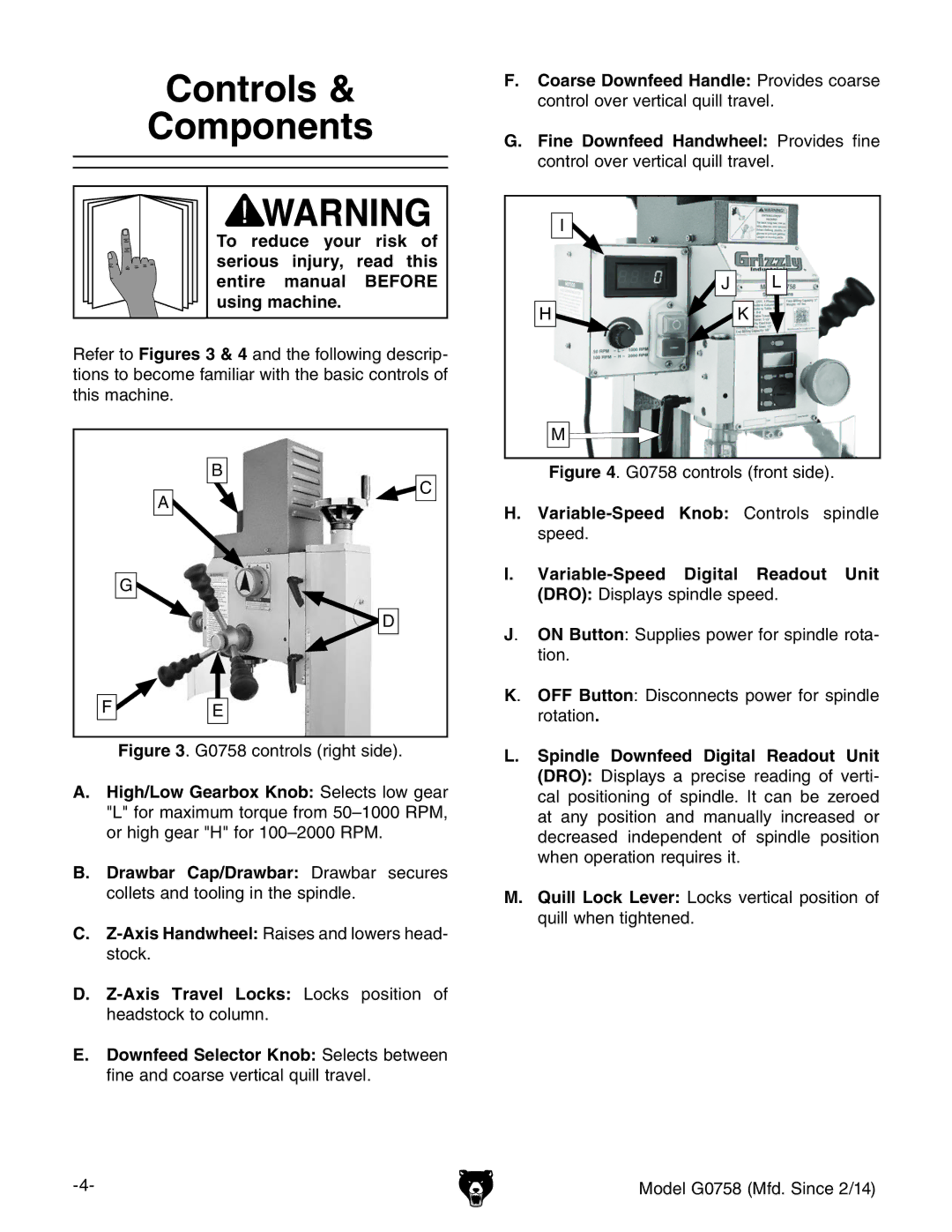 Grizzly G0758 owner manual Controls Components 