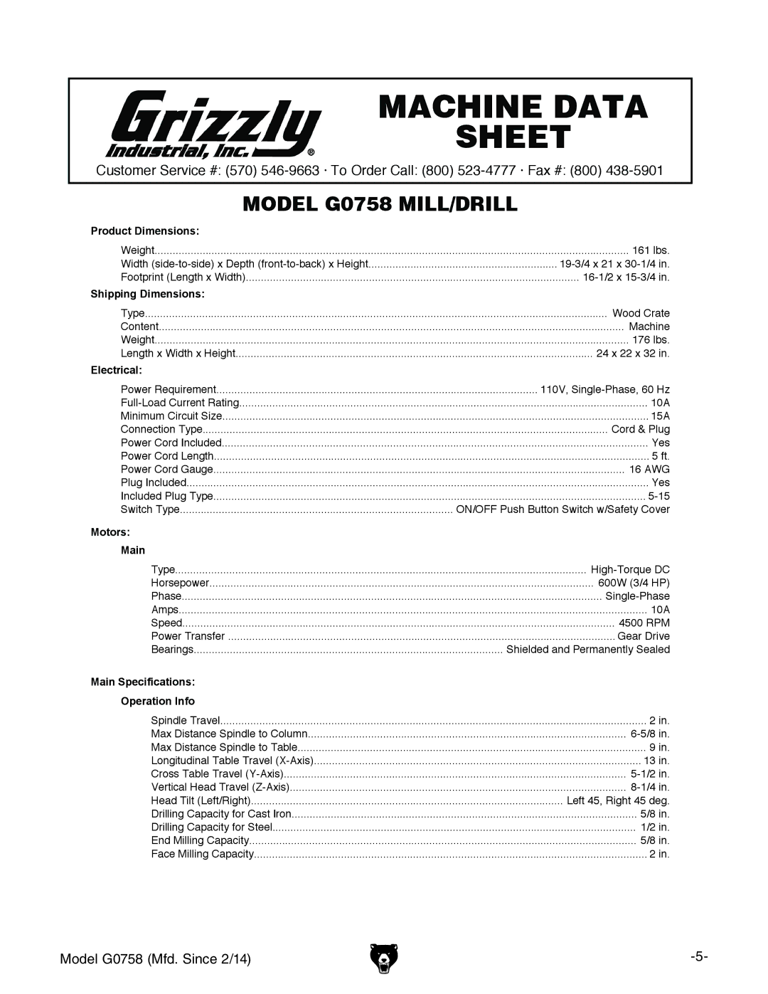 Grizzly G0758 owner manual Machine Data Sheet 