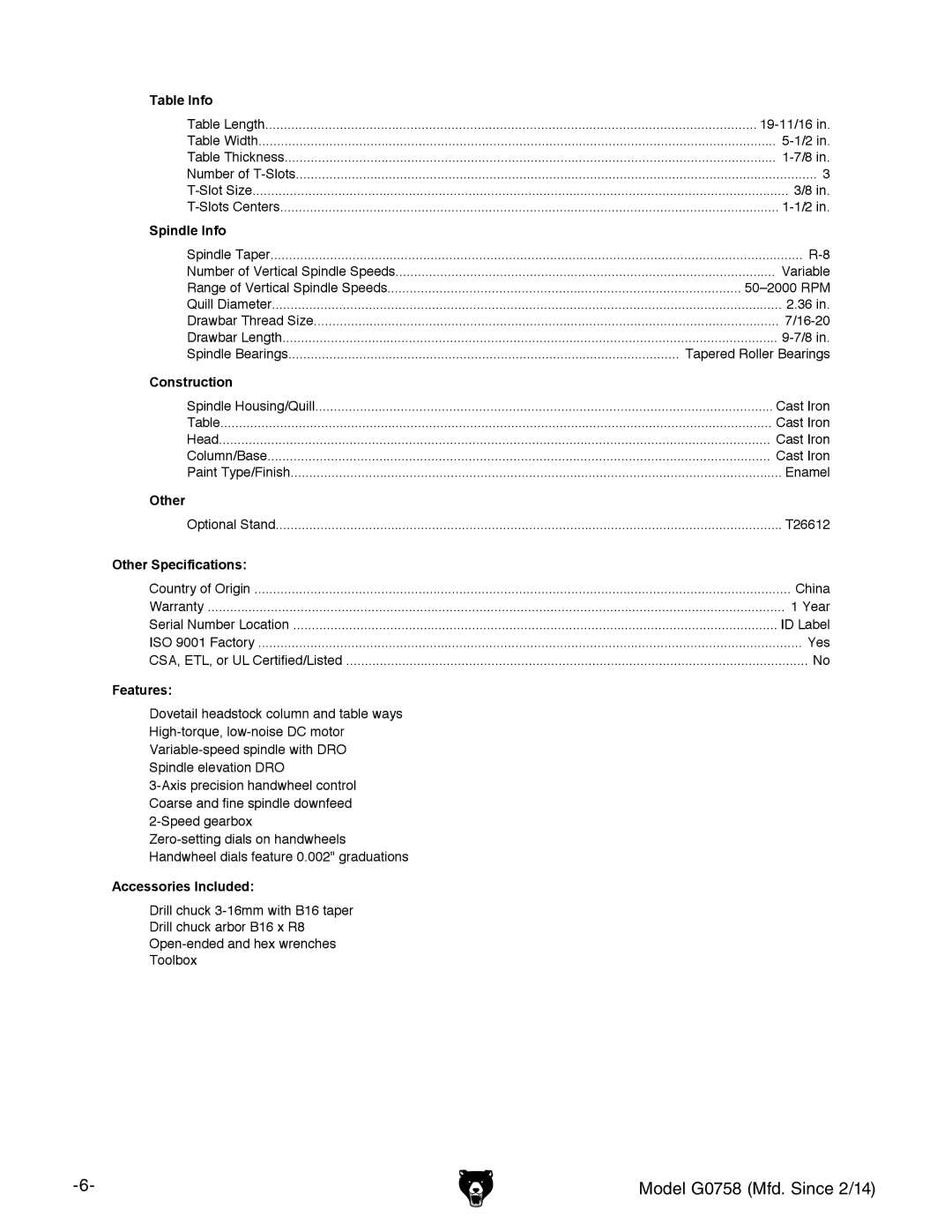 Grizzly G0758 owner manual Table Info 