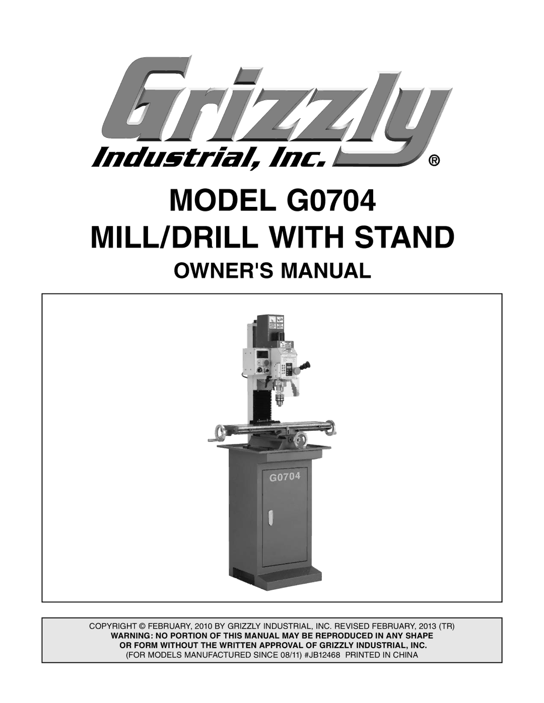 Grizzly G0759 owner manual Model G0704 MILL/DRILL with Stand 